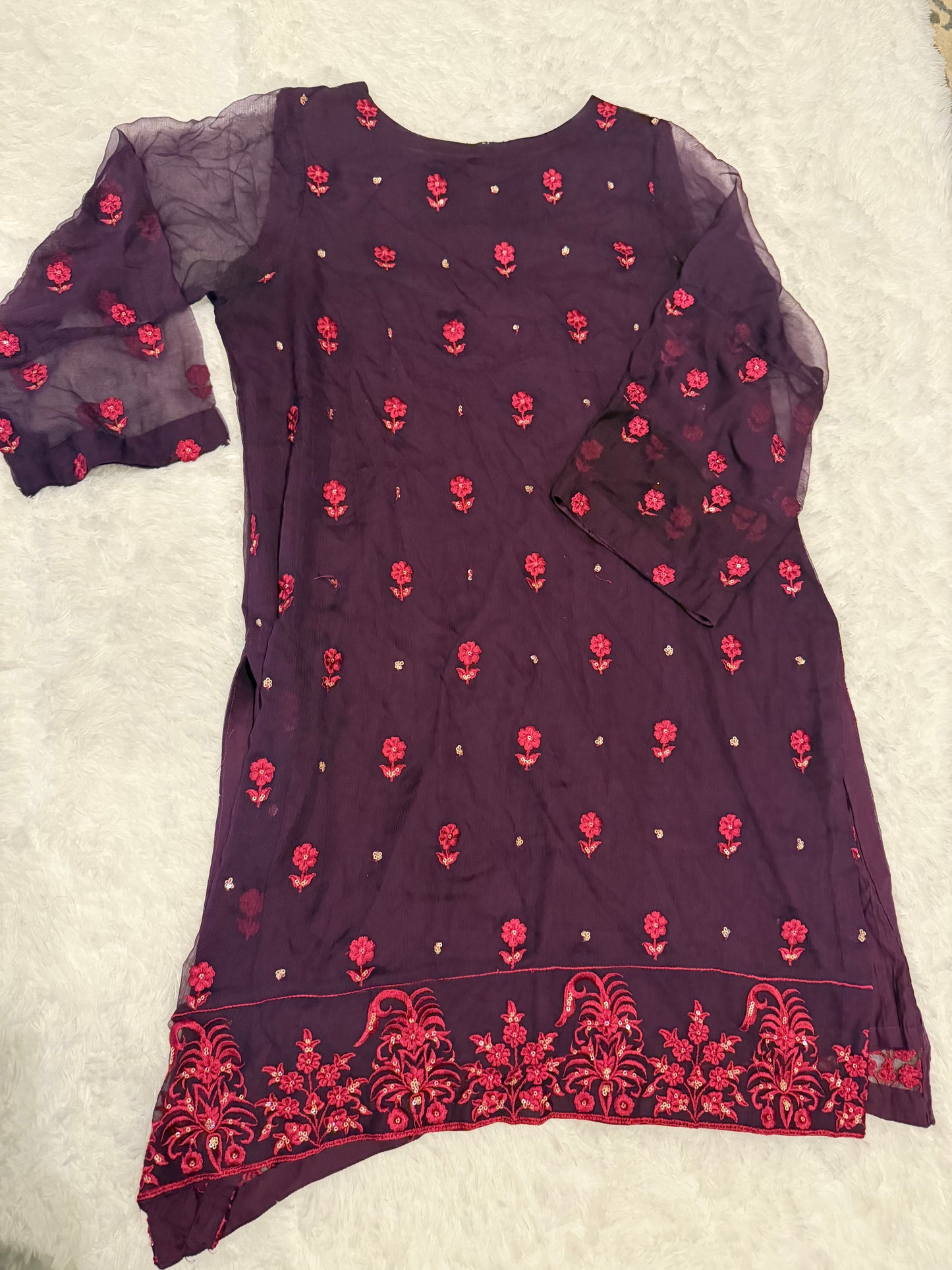 Agha Noor Deep Purple Chiffon Shirt with Magenta Embroidery and Golden Sequins.