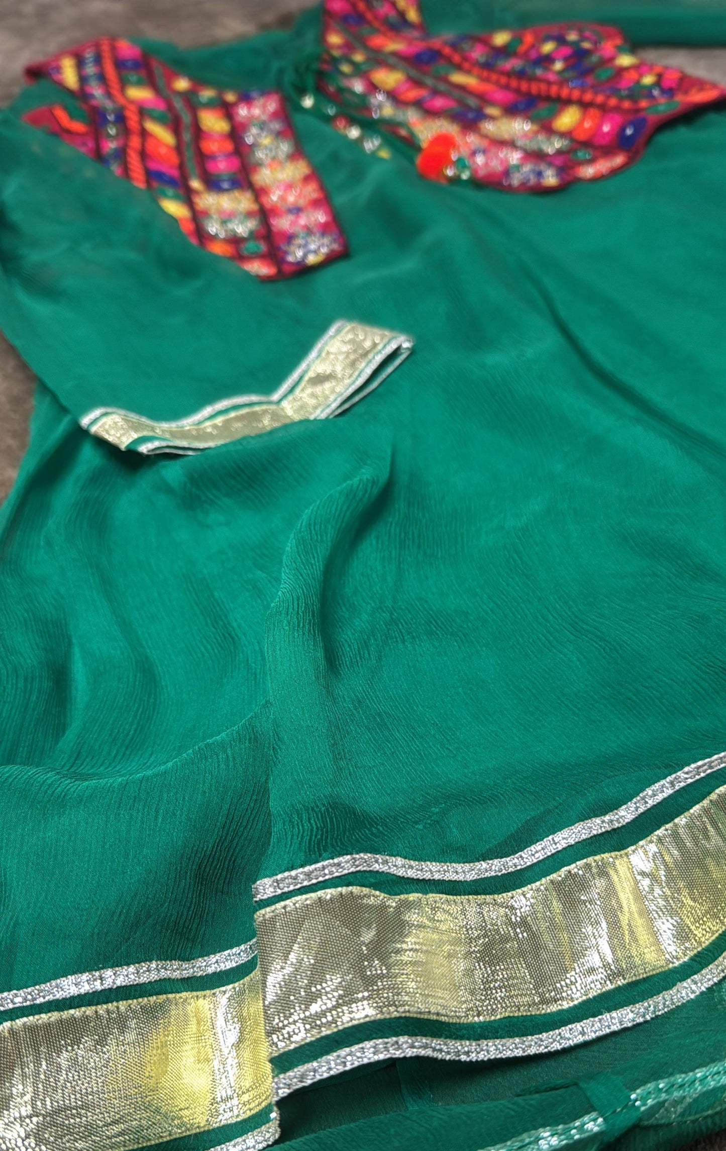 Green Rang Ja A-line Georgette Silk Kurti-Frock with Red Vest with Colored Embroidery and Embellished Buttons