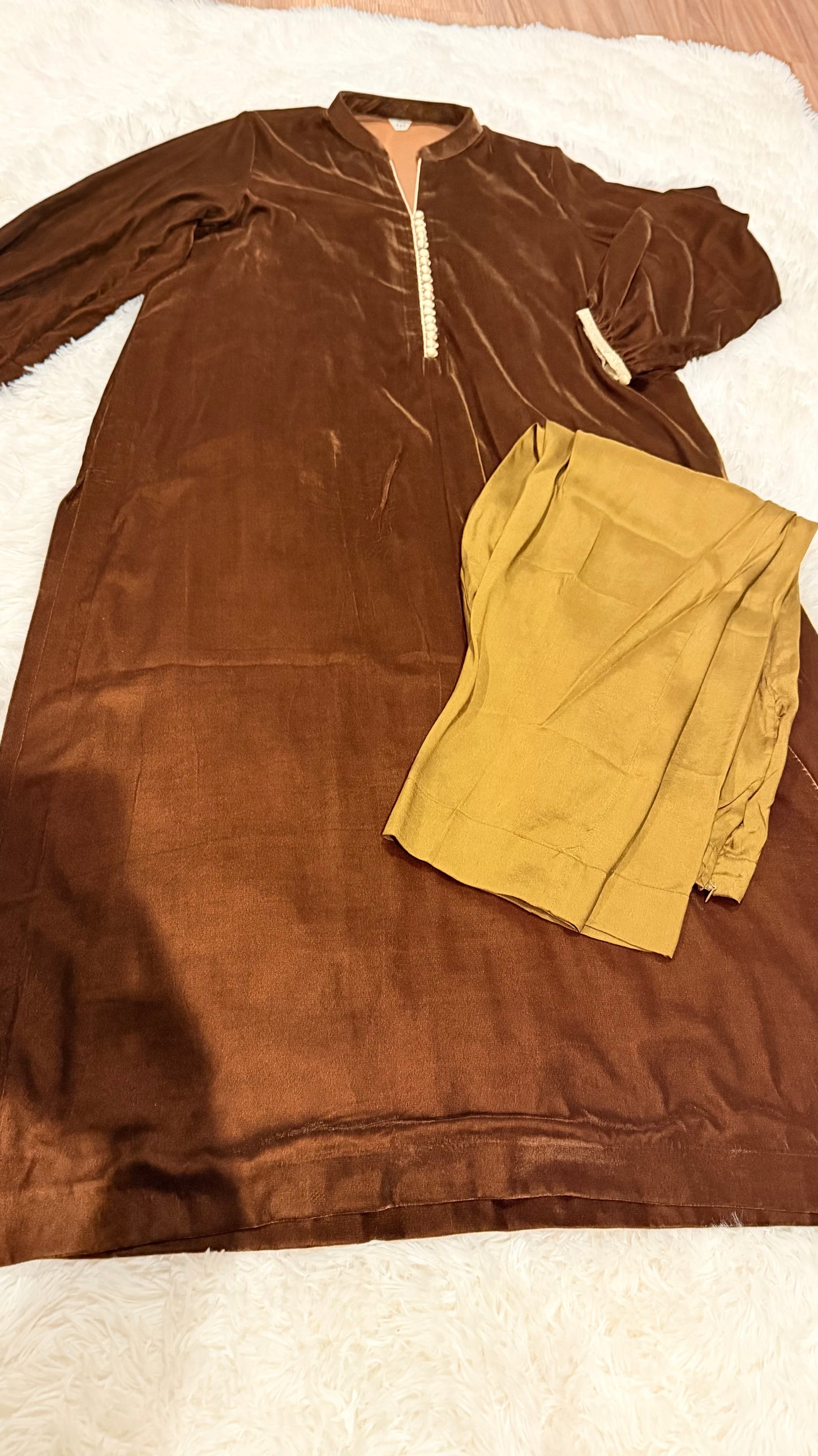Sak Atelier Brown Velvet Suit with Gold Buttons on Neckline and Sleeves with Golden Trim