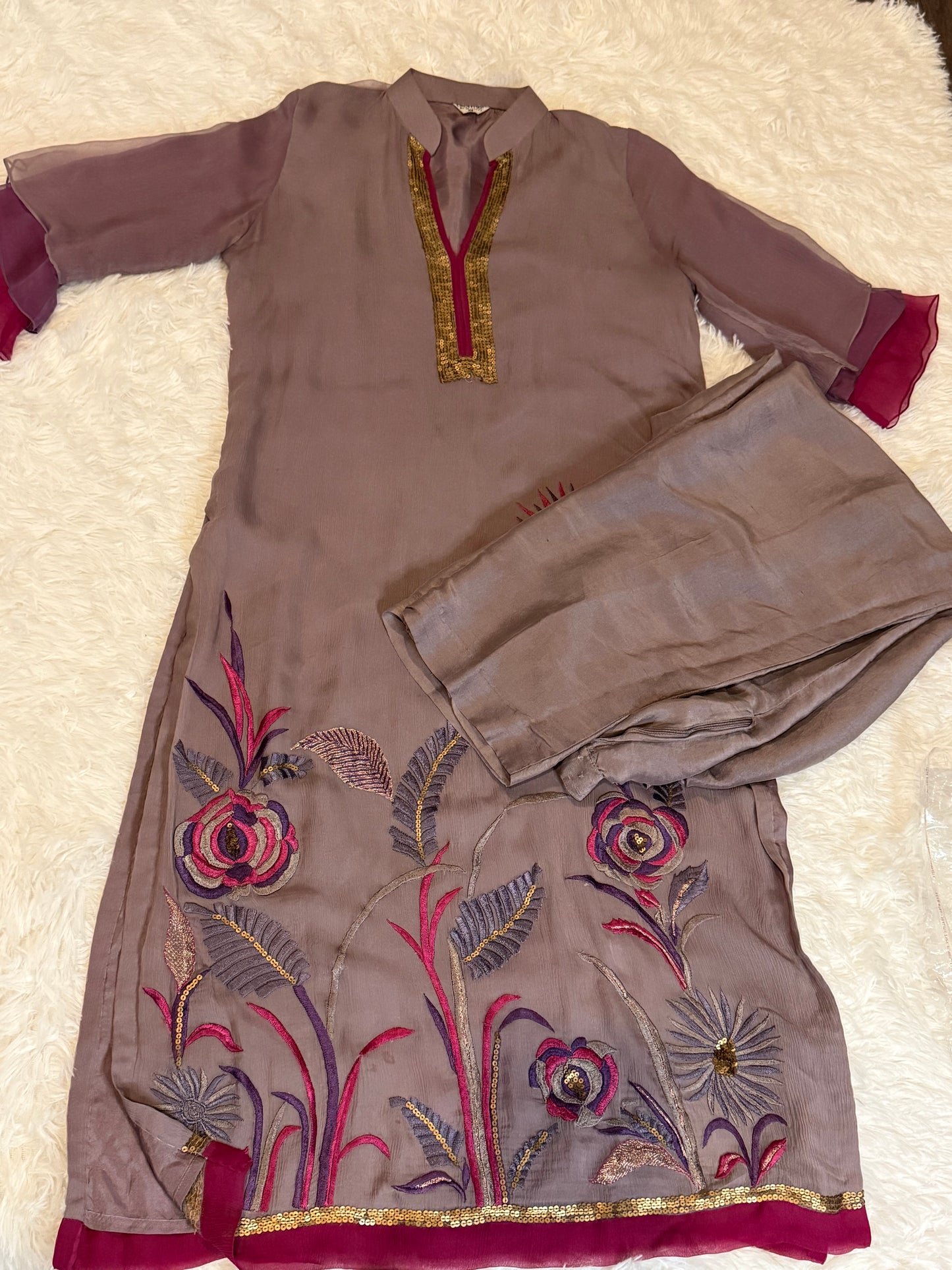 Chinyere Chiffon Embroidered Kameez paired with matching Silk Pants