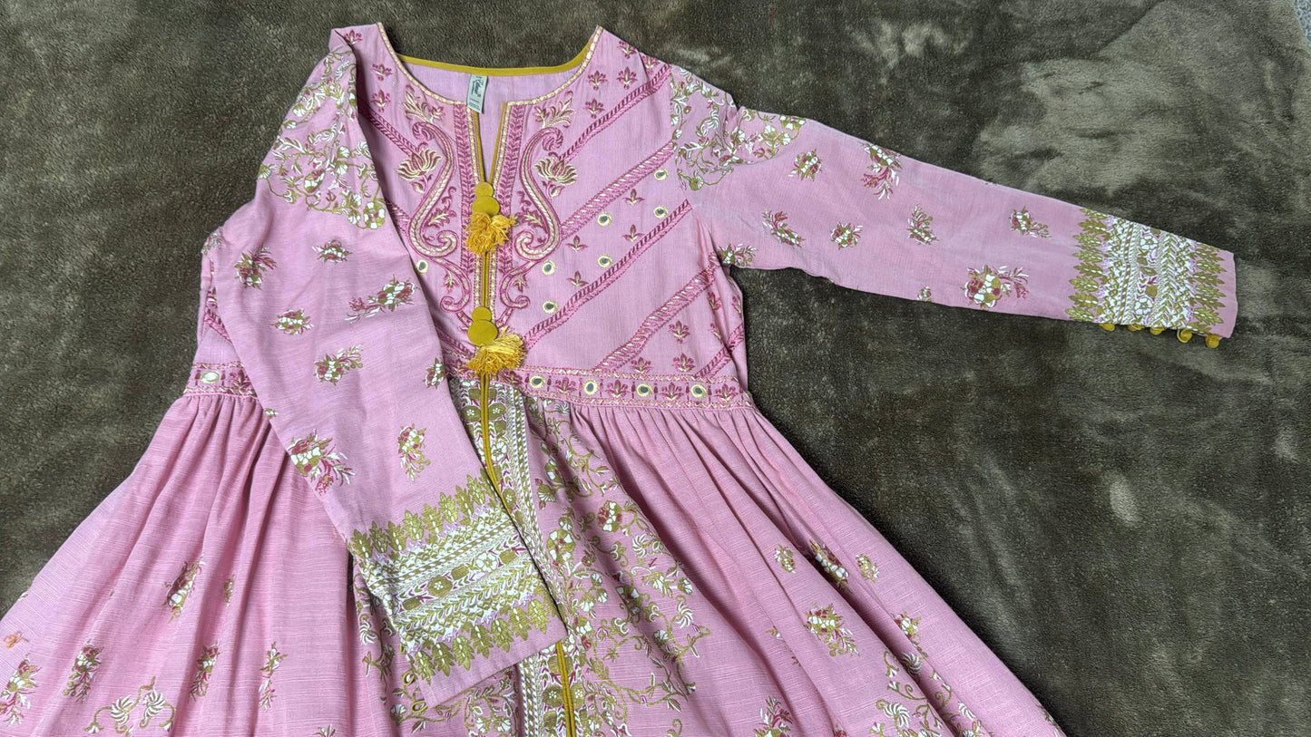 Ethnc Pink and Gold A-line Cotton Silk Frock with Embroidery, Mirror Work and Painted Design