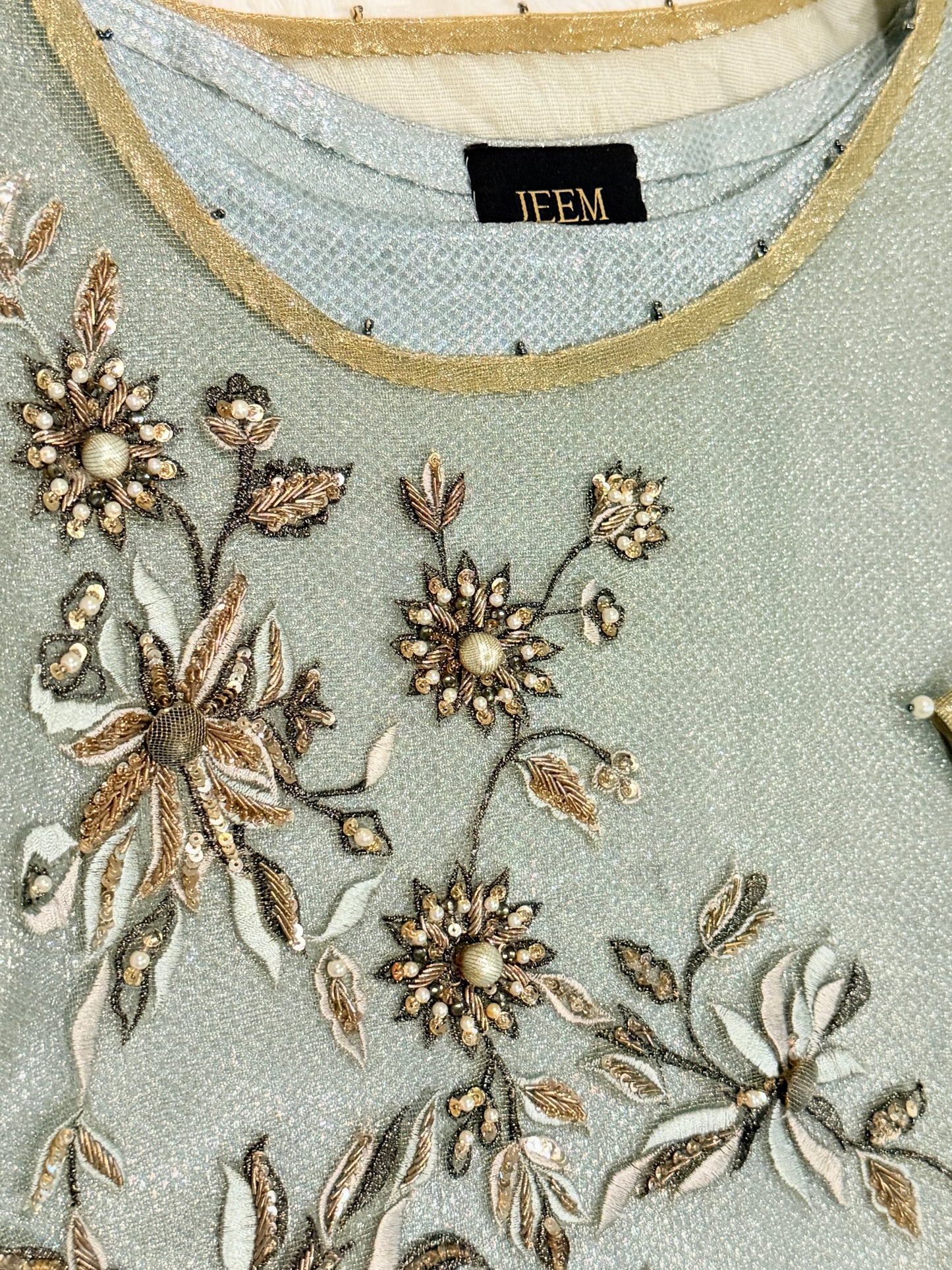 Jeem Metallic Organza Shirt in Blue/Gray color with heavy embroidery and Jamawar Slip