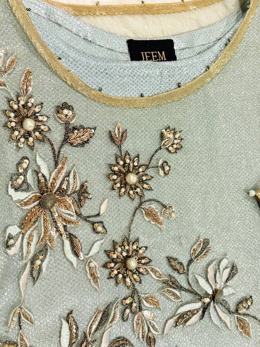 Jeem Metallic Organza Shirt in Blue/Gray color with heavy embroidery and Jamawar Slip