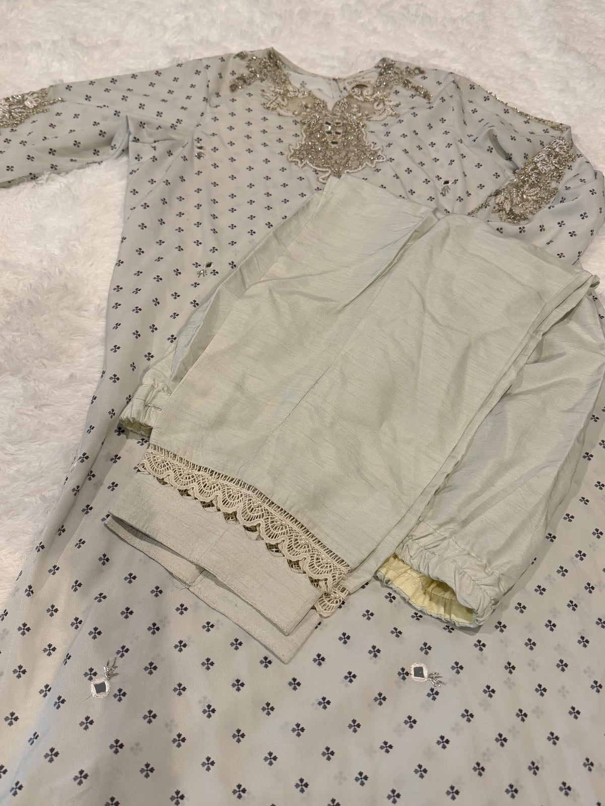 Suffuse Gray Silk Suit with Heavily Embroidered Printed Shirt and Pants with Embellishments on border