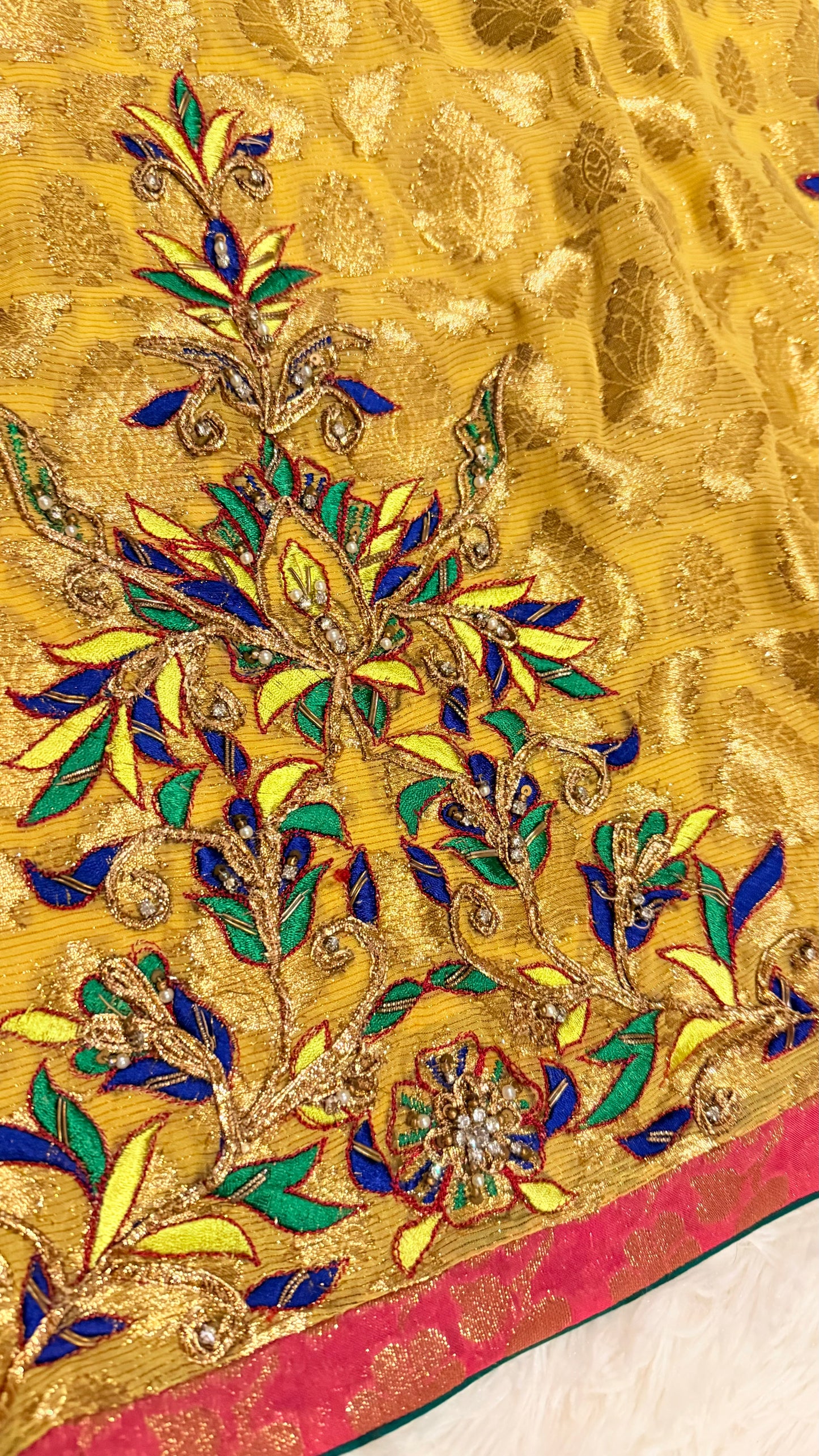 Nickie Nina Mustard/Golden Jamawar Shirt with Heavy Embroidery, Metallic Thread and Crystal Embelishments on the borders and Neckline