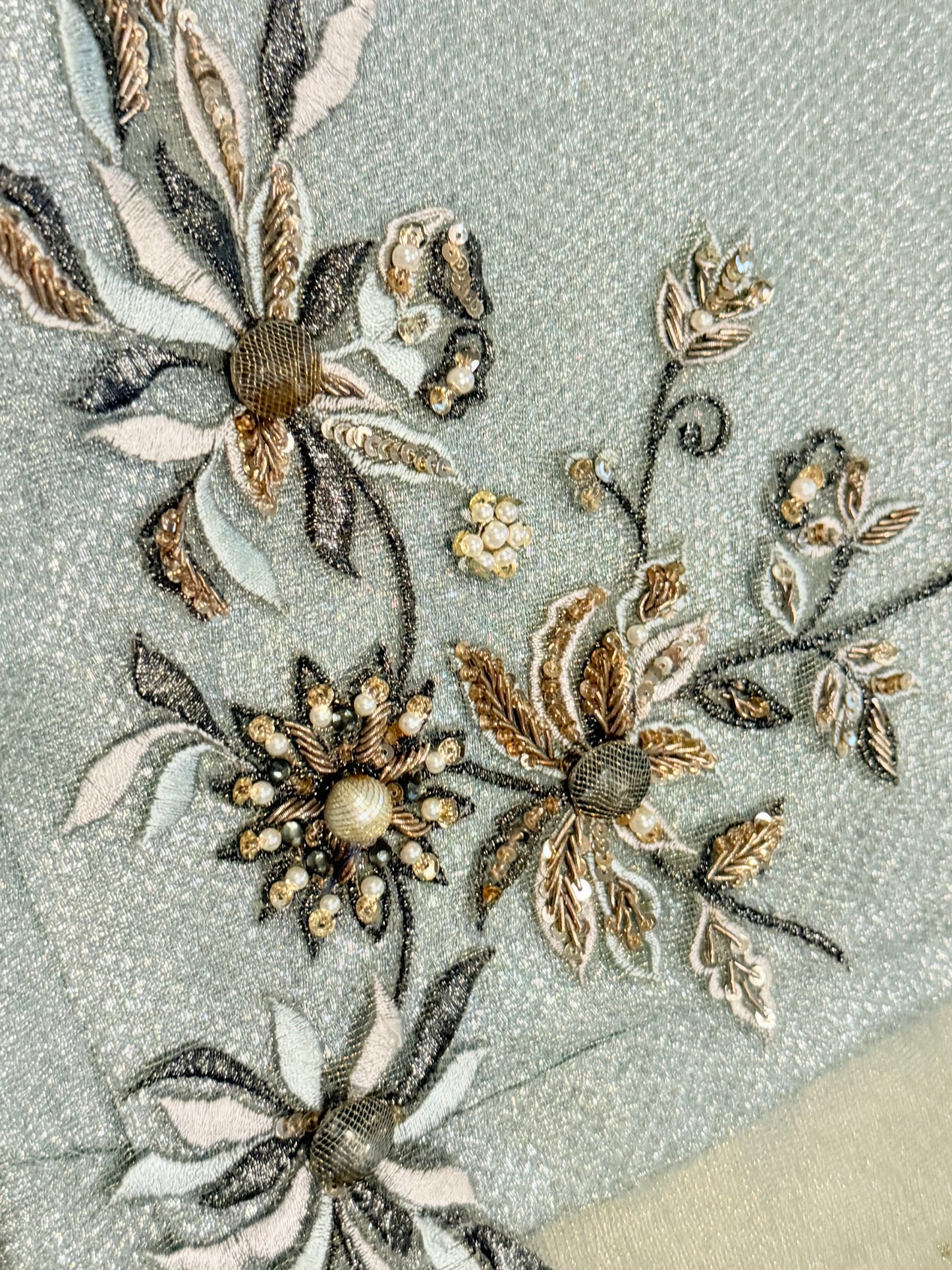 Jeem Metallic Organza Shirt in Blue/Gray color with heavy embroidery and Jamawar Slip