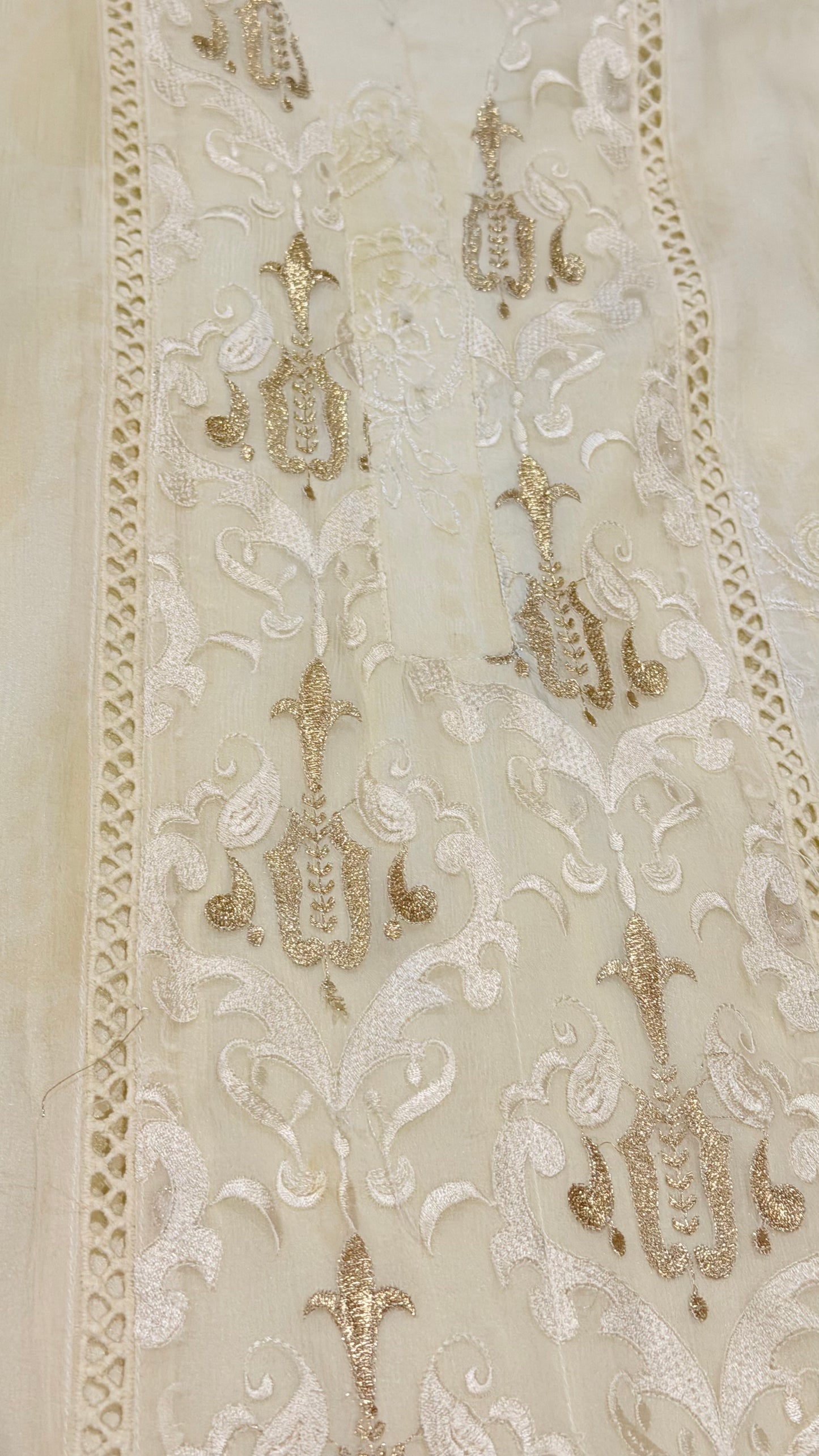 Imbias Off-White Chiffon Shirt with Embroidery and Self-Print background in light beige color