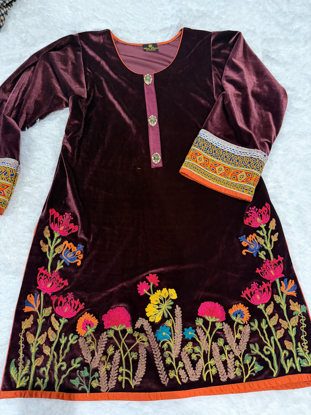 Aisha Imran Deep Purple Velvet Shirt with Thread Embroidery on Border, ornate button decor on neckline and embroidered Sleeve borders