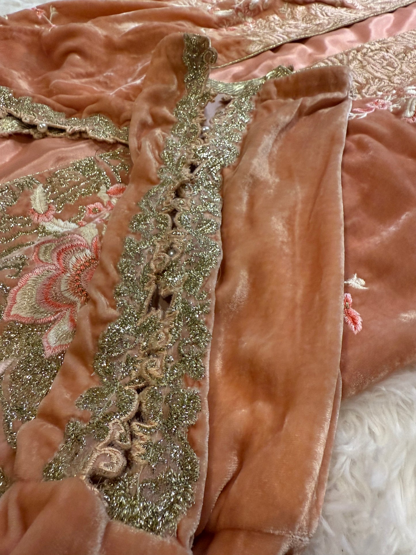 Sana Safinaz Peach Velvet Jacket with Silver, Pink, and White Floral Embroidery