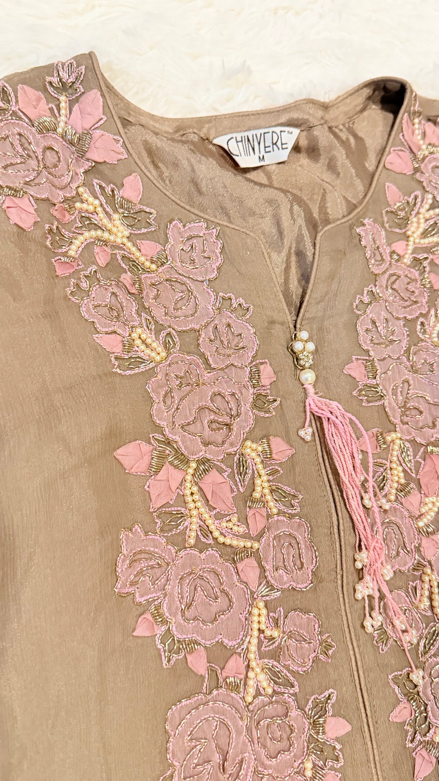 Chinyere Silk Shirt with Embroidery and Tassel Ornament on Neckline.