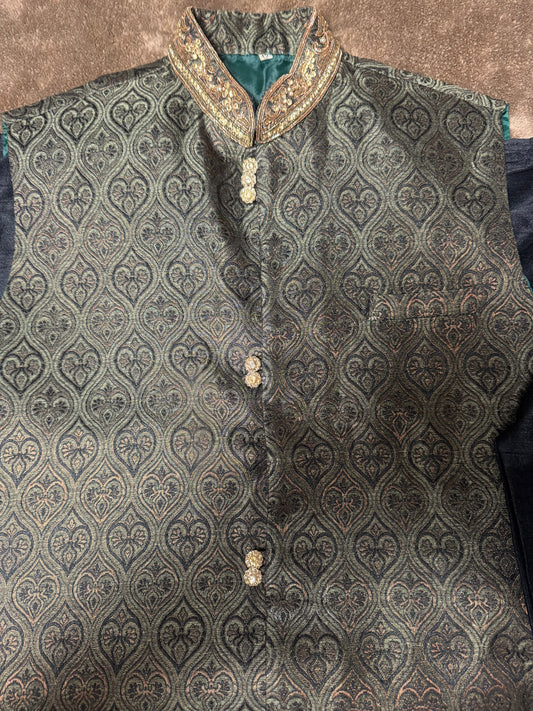 Black Silk Straight Kurta with Jamawar Vest with gold embellishments