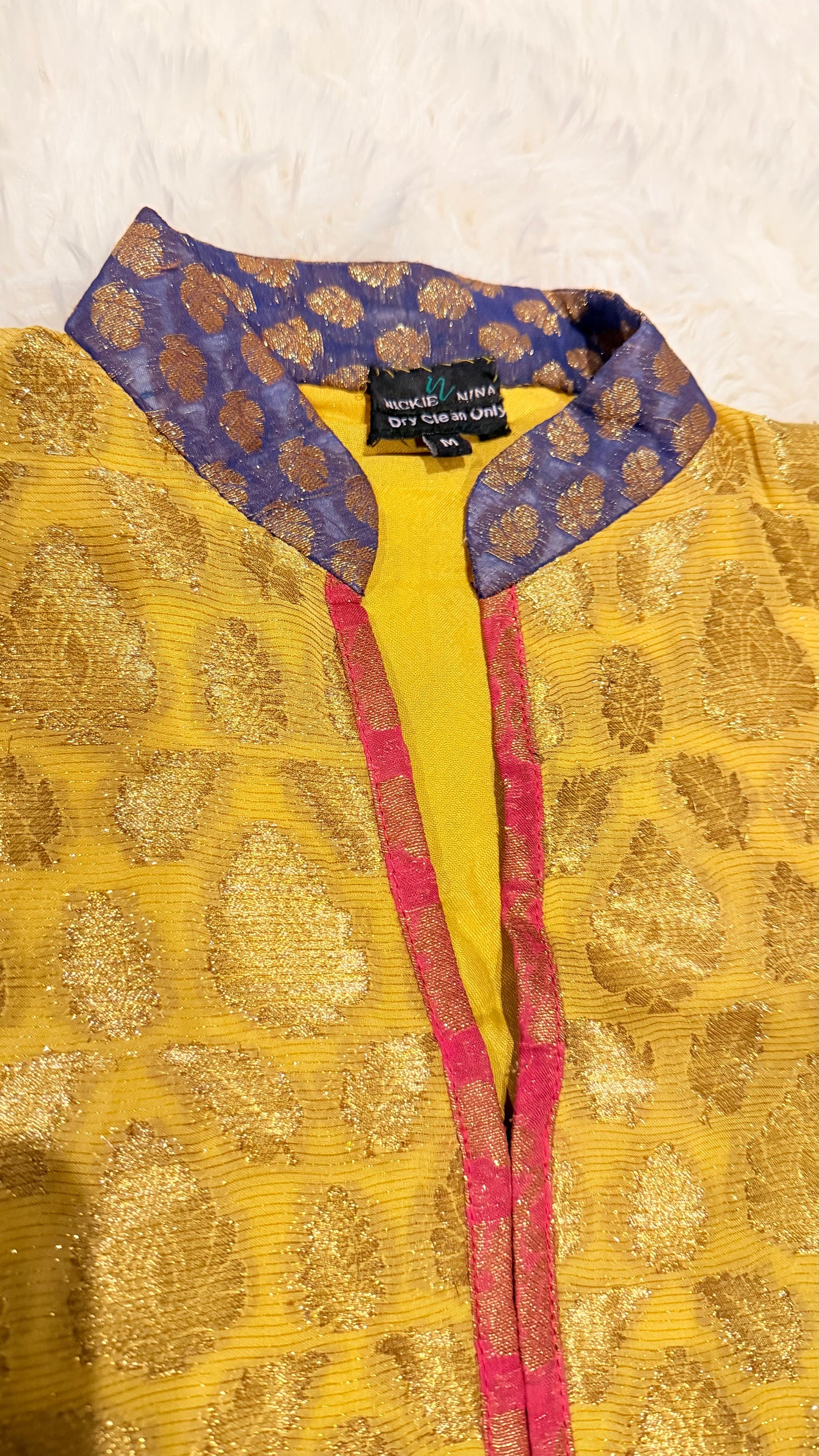 Nickie Nina Mustard/Golden Jamawar Shirt with Heavy Embroidery, Metallic Thread and Crystal Embelishments on the borders and Neckline