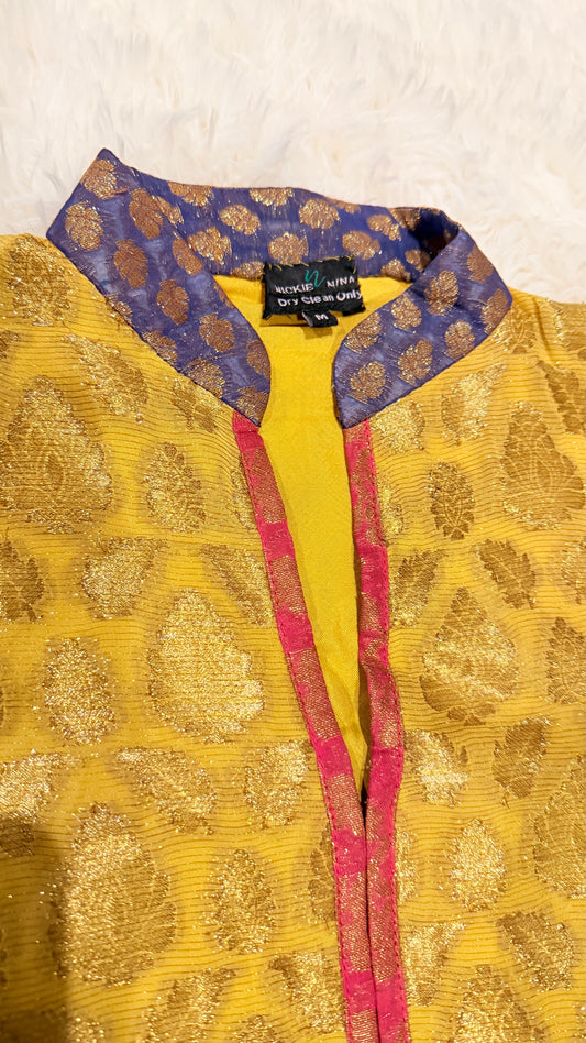 Nickie Nina Mustard/Golden Jamawar Shirt with Heavy Embroidery, Metallic Thread and Crystal Embelishments on the borders and Neckline