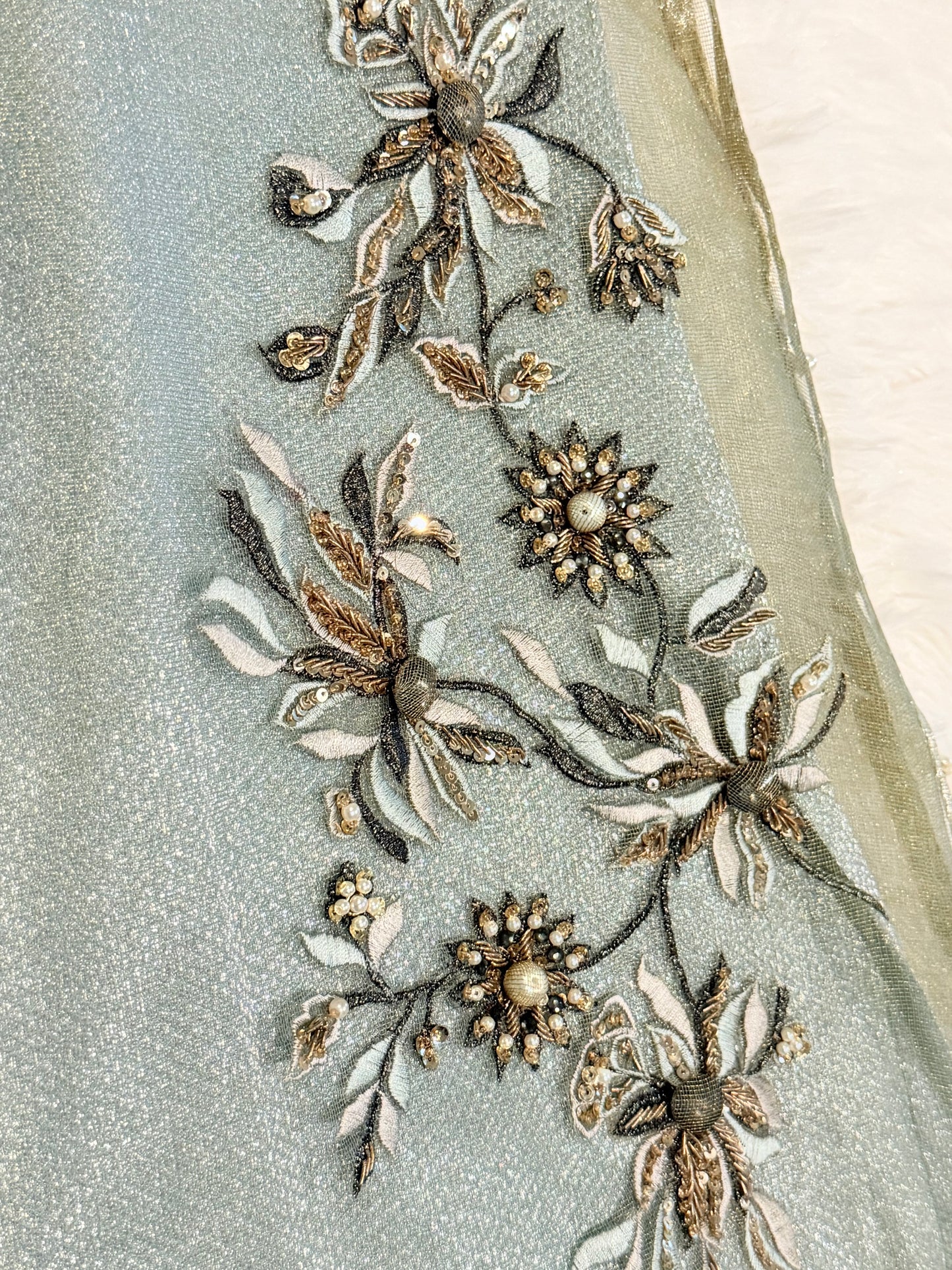 Jeem Metallic Organza Shirt in Blue/Gray color with heavy embroidery and Jamawar Slip