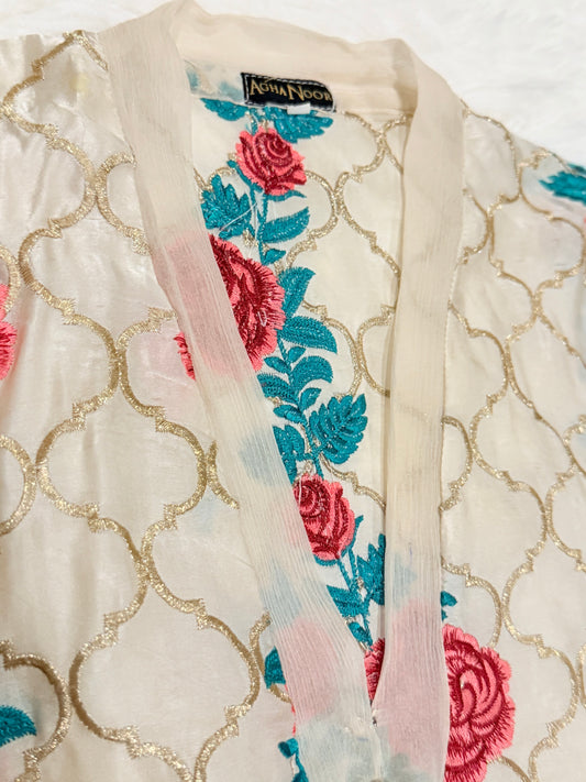 Agha Noor Formal Shirt in White Color with Floral Embroidery in Red, Pink and Teal Colors