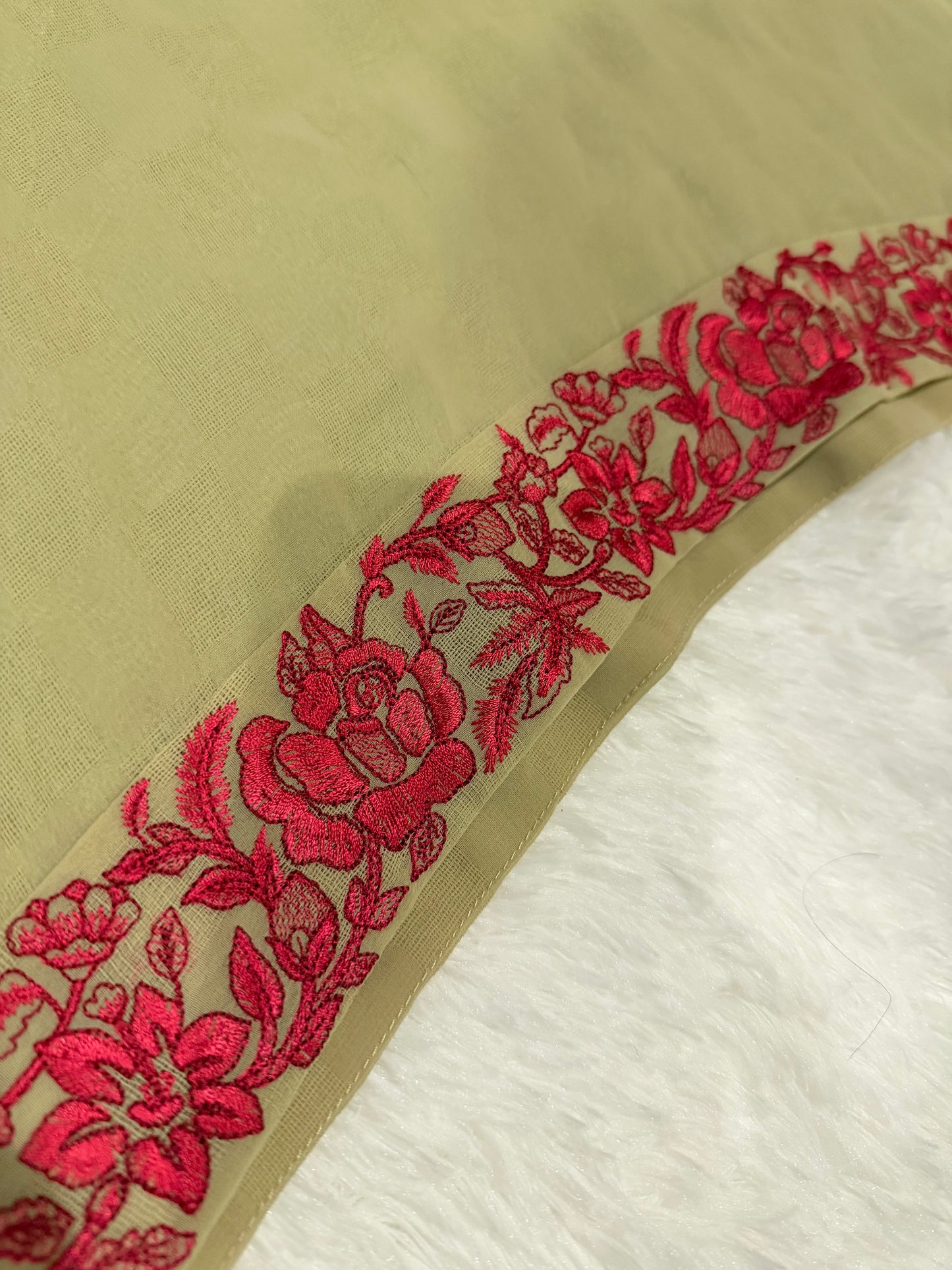 Chinyere Beige/Light Green Shirt with Magenta/Maroon Thread embroidery and golden bead accents throughout.