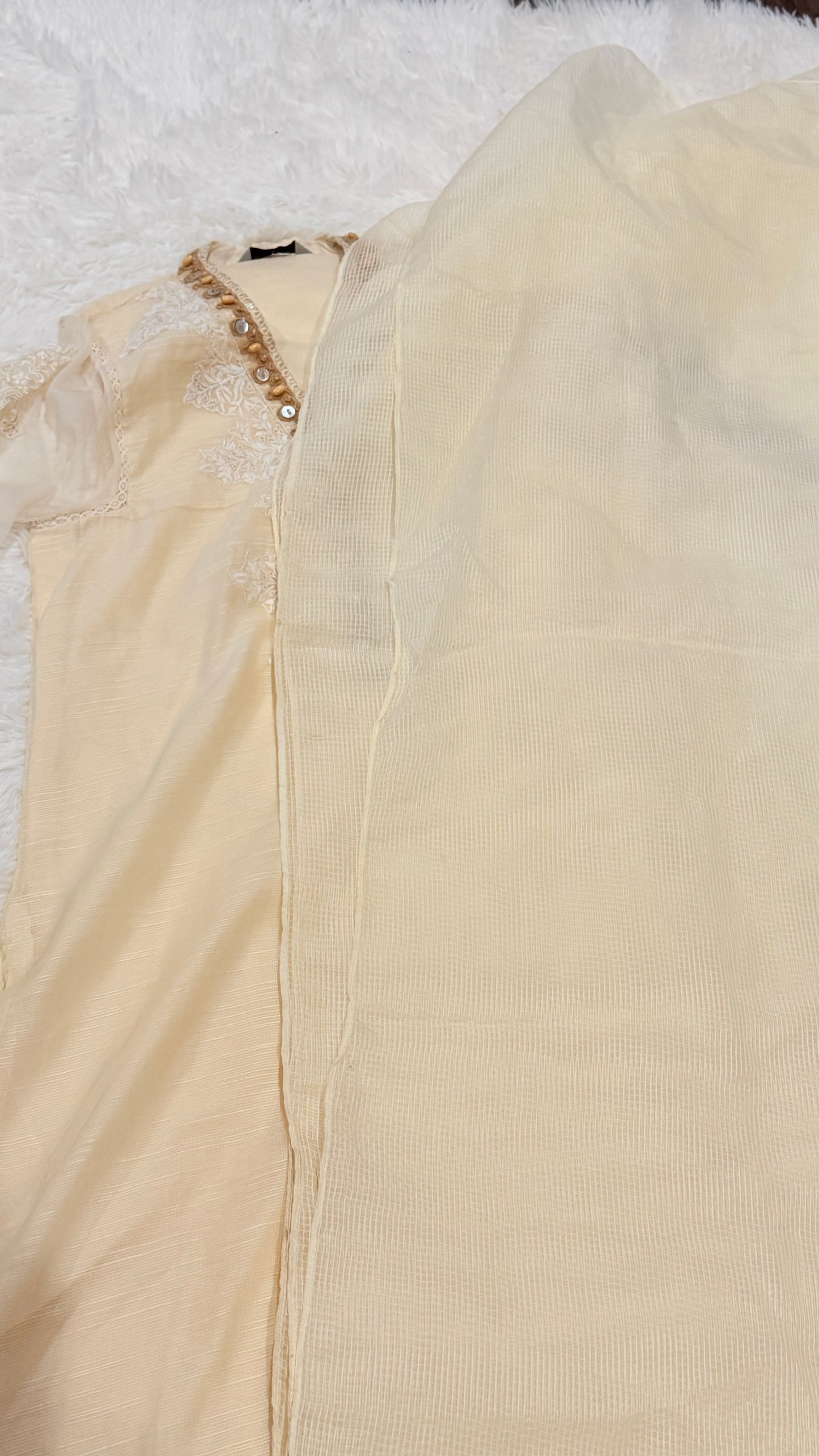 Maria B Cotton Net Cream Shirt with Emboirdery on front and Chiffon Balloon Sleeves with Embroidery on the side.