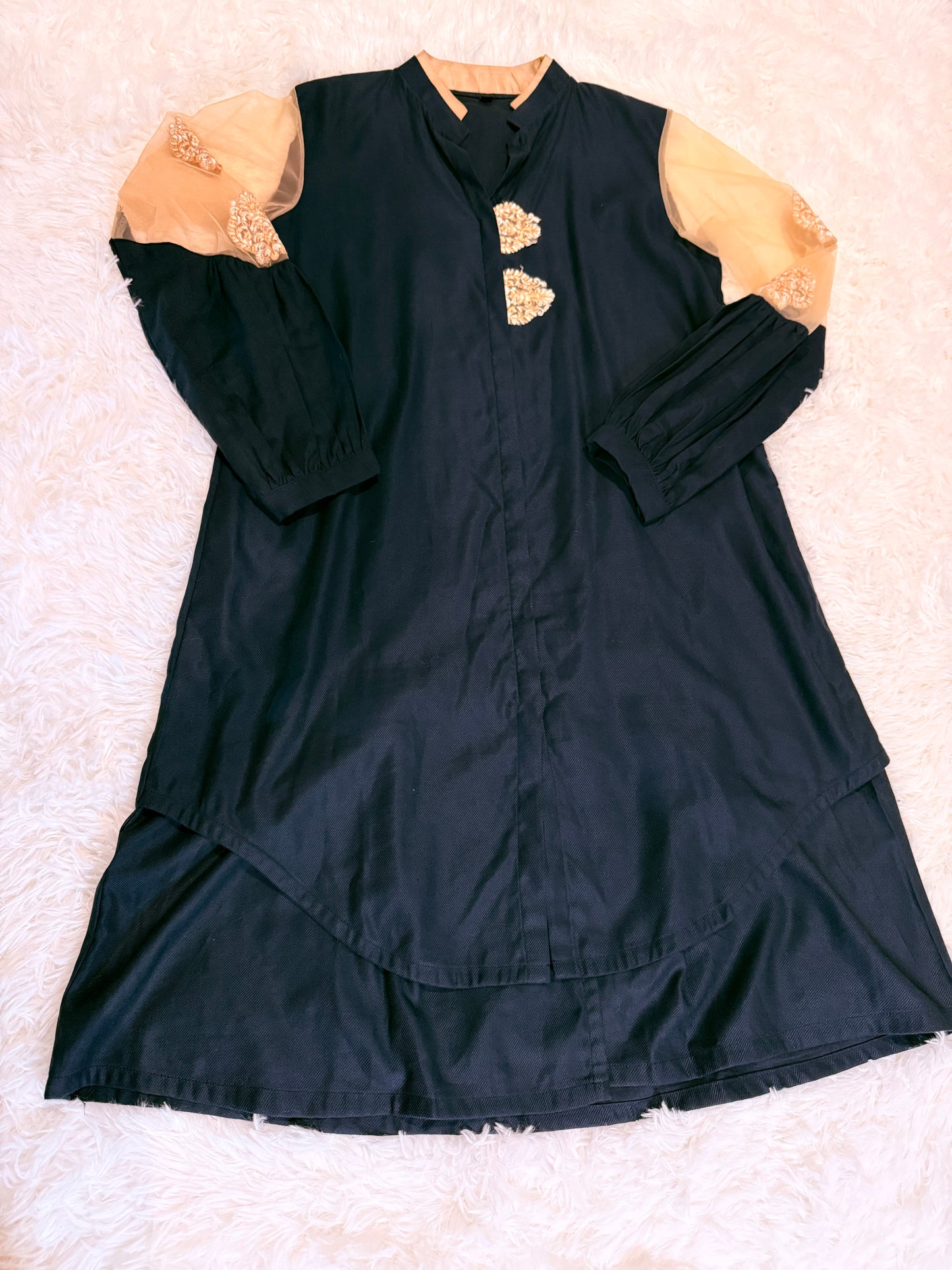 Asifa Nabeel Navy overlap style shirt with Golden Brown Embroidery and Half Lace Sleeves