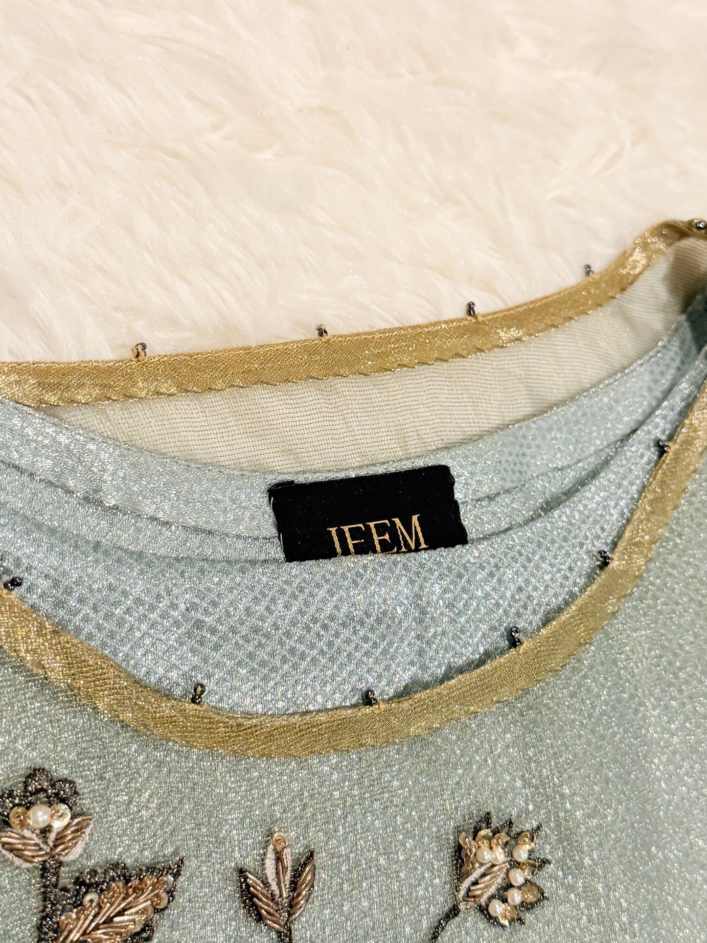Jeem Metallic Organza Shirt in Blue/Gray color with heavy embroidery and Jamawar Slip