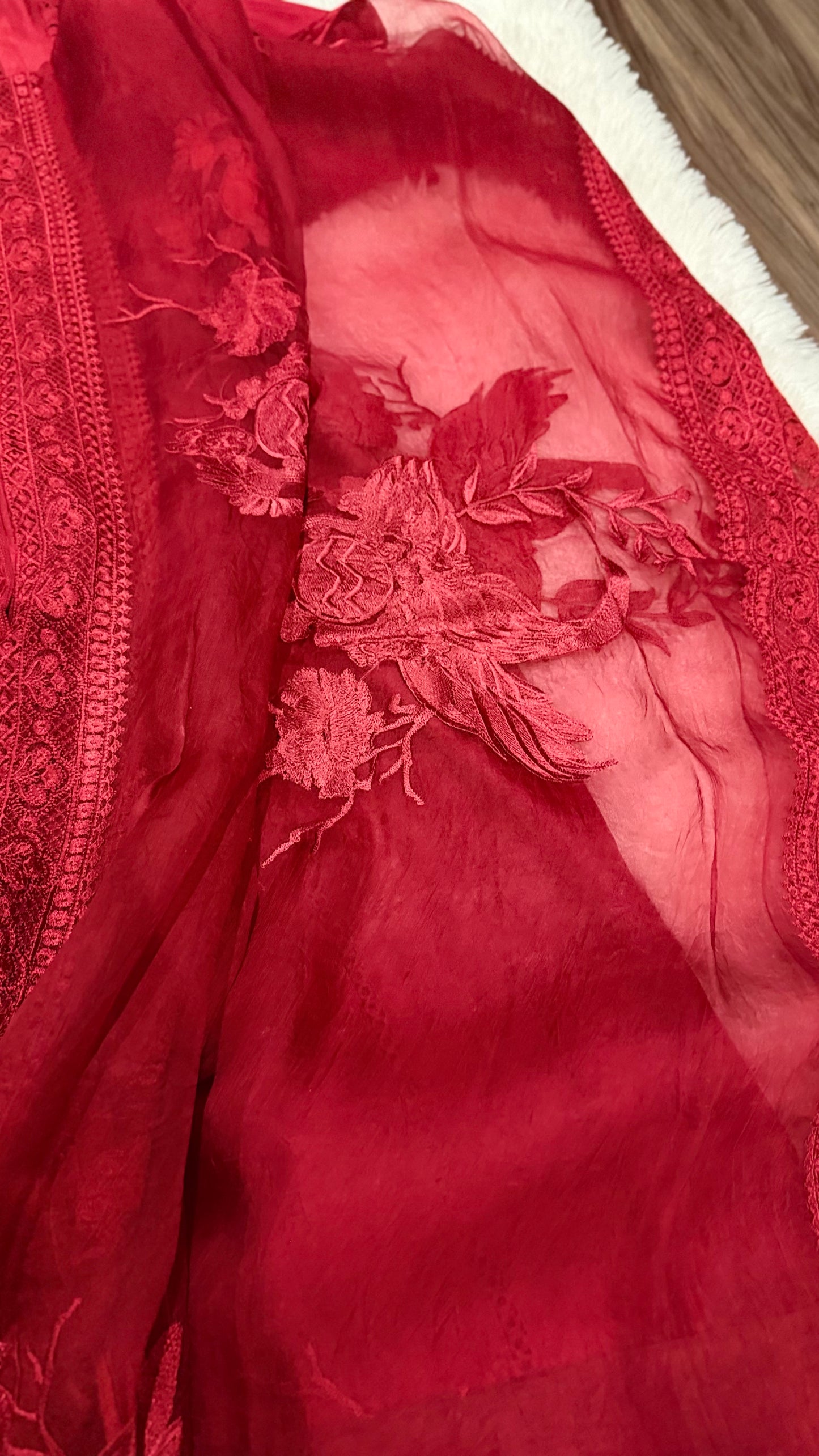Sumaira Aurangzeb Red Pure Silk Angrakha Cut shirt with straight pants and beautifully embroidered dupatta
