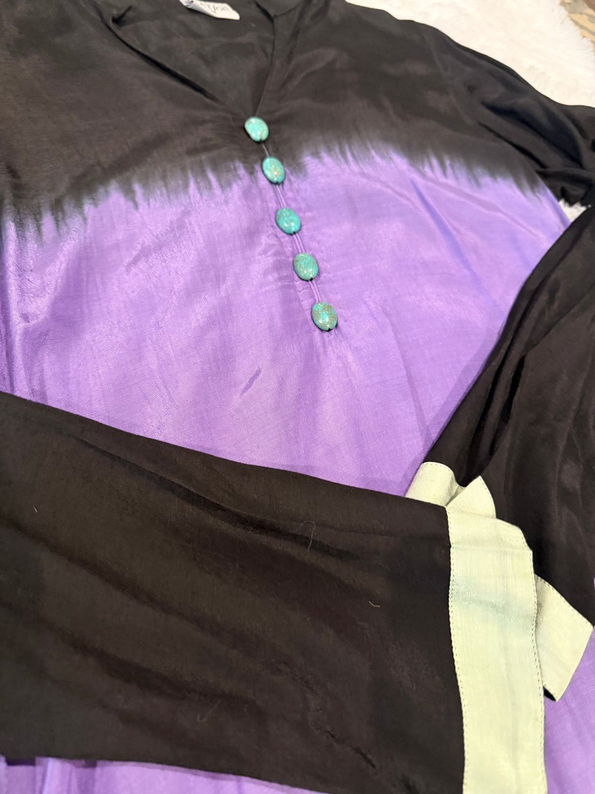 Karma Black Silk Tie & Dye style shirt with Turquoise buttons