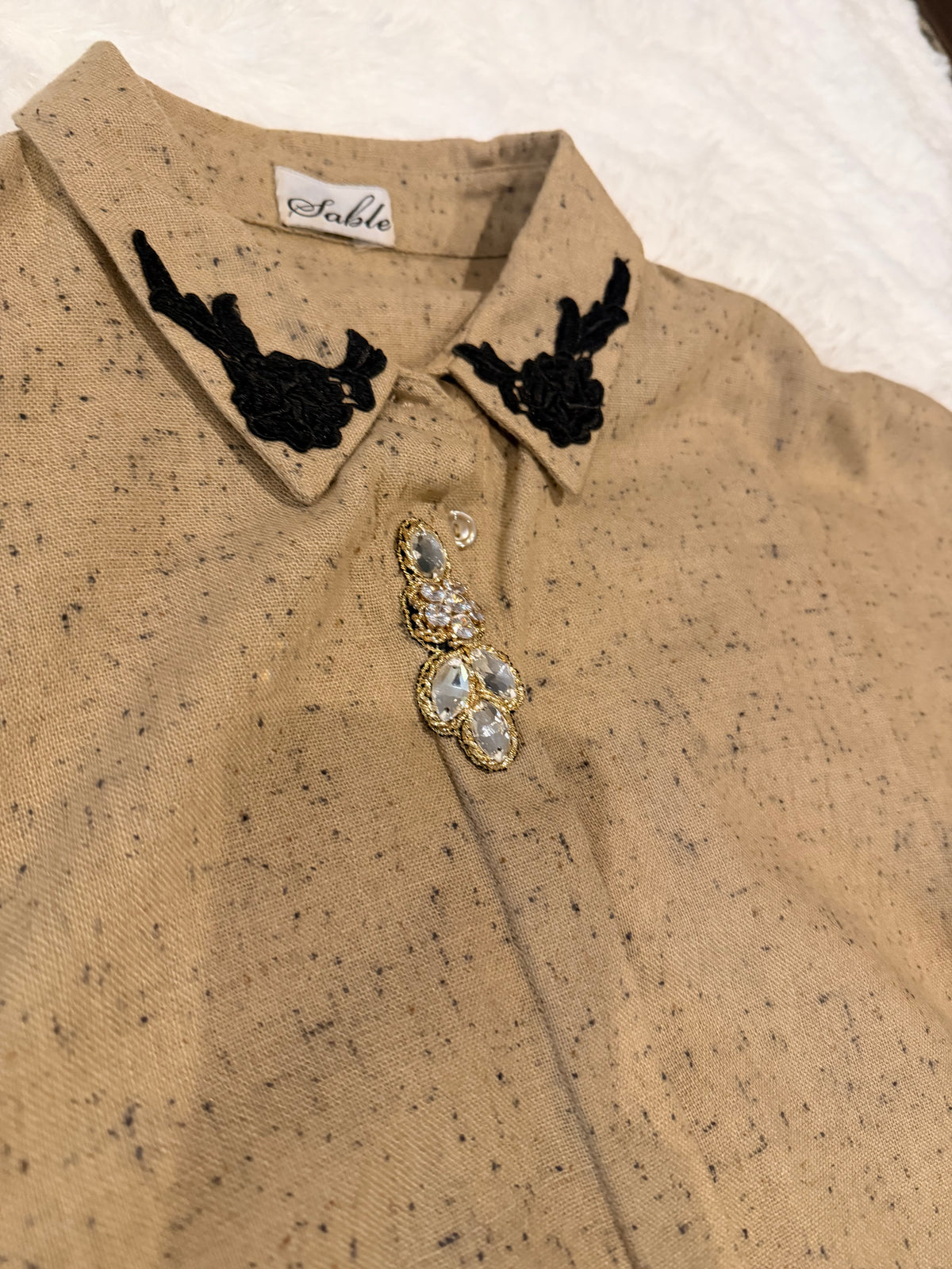 Sable Brown One Size Poncho Style loose fit shirt with Embroidery on Collar and front