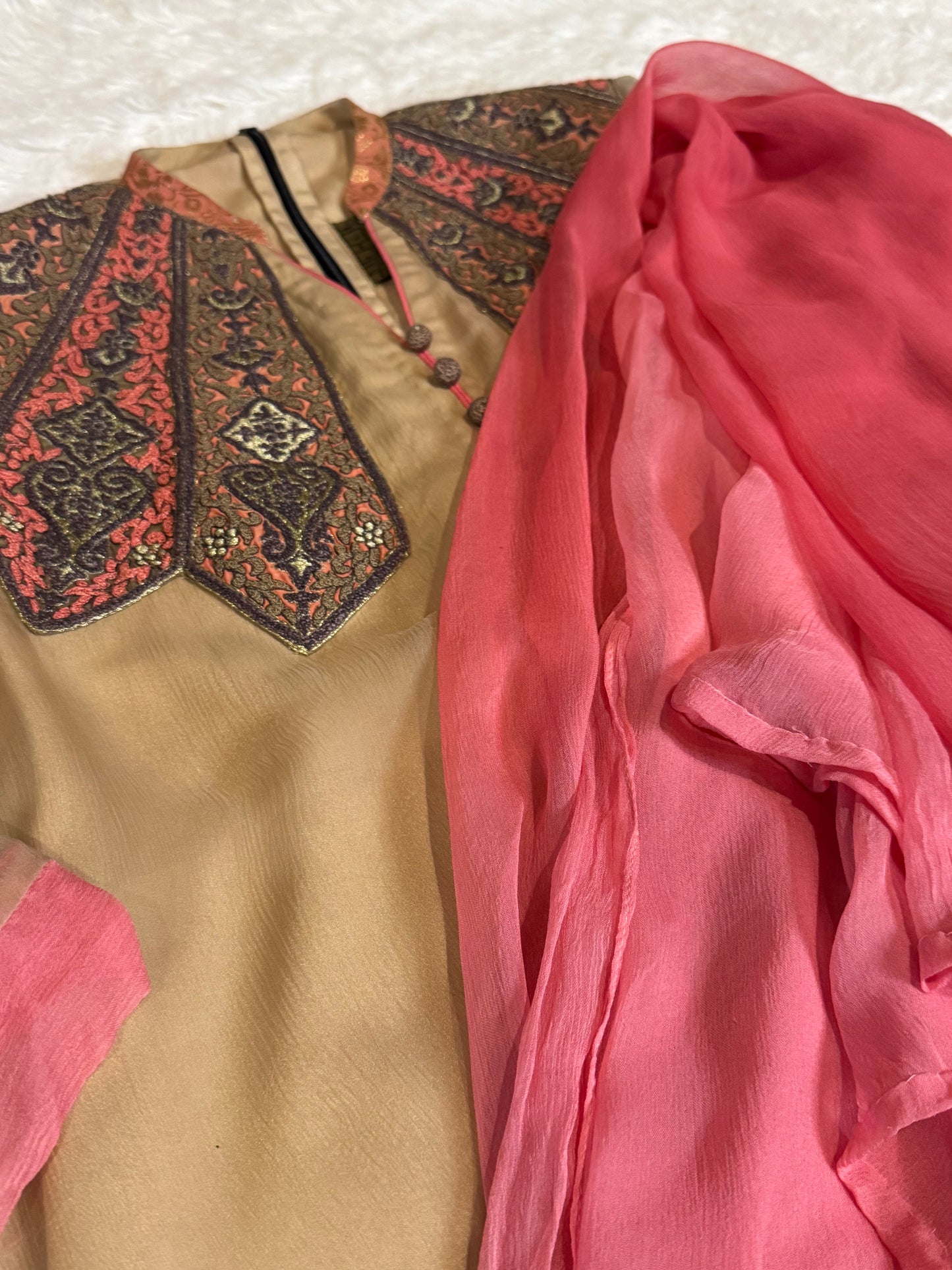 Mehdi Hi-Lo Chiffon Long Kameez with Embroidery and Dupatta