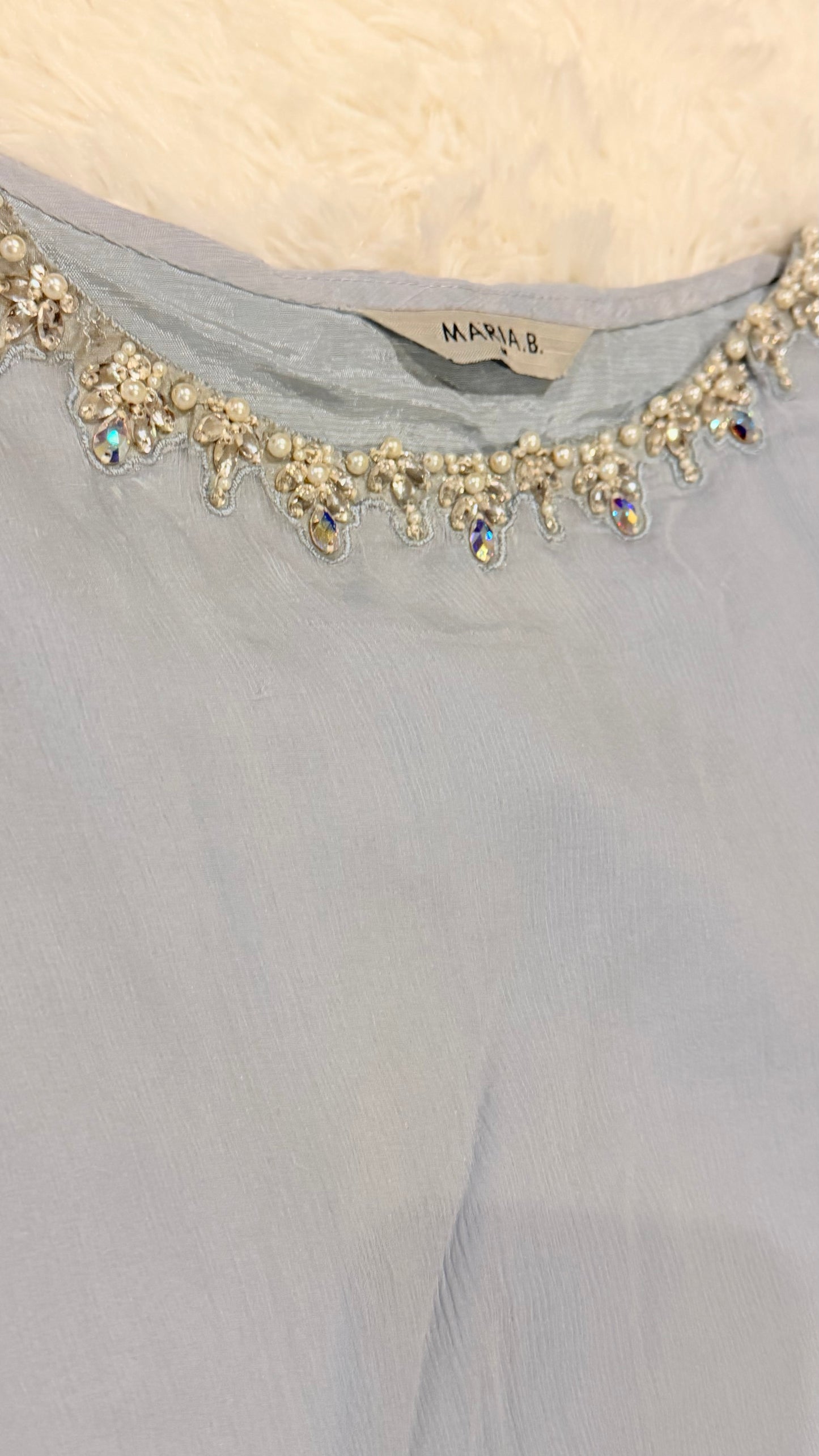 Maria B Gray Blue Chiffon Layered Style Shirt with Embellishments on Neckline and Lace and Pearl Trim on Sleeves.