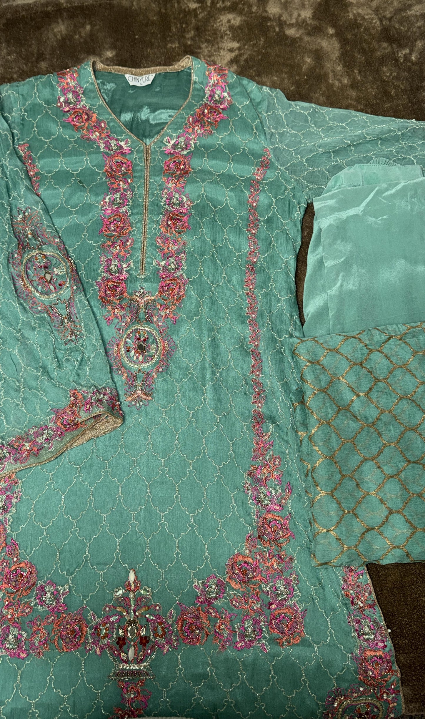 Teal Chinyere Shirt with Pink and Gold Embroidery with Straight Pants and Dupatta