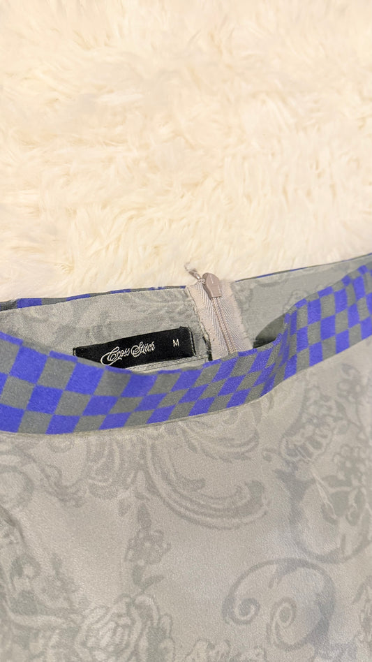 Cross Stitch Silk Shirt with Hi Neck Collar, Pearl Fringe on Sleeves and Lace trim on hem