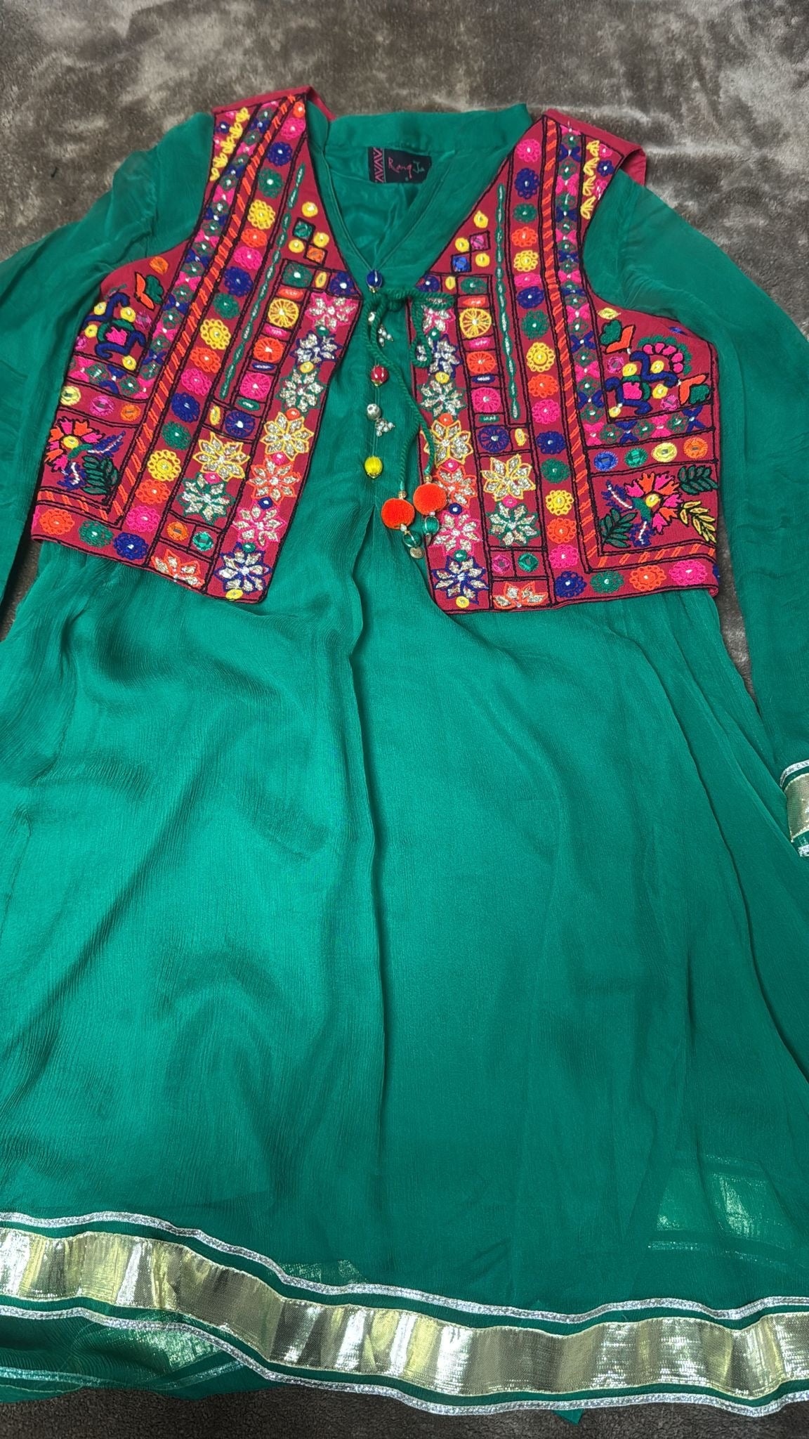 Green Rang Ja A-line Georgette Silk Kurti-Frock with Red Vest with Colored Embroidery and Embellished Buttons