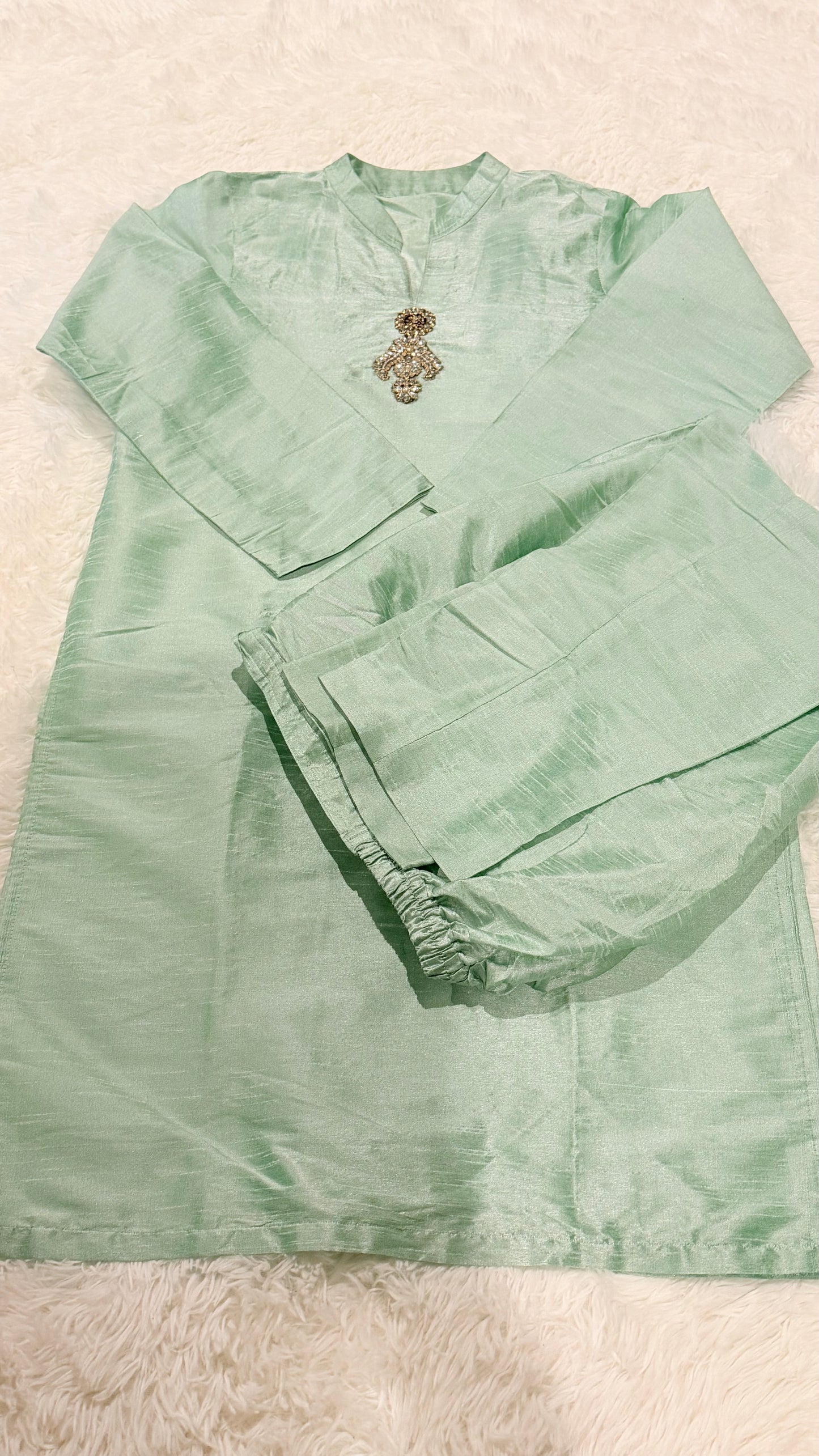 Mint Green Raw Silk Suit with Embroidered Motif on neckline, comes with pants