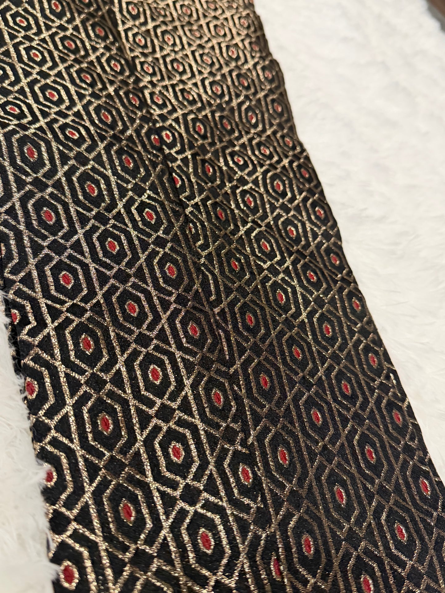 Chinyere Formals Black Silk/Jamawar Pants with Golden and Red Print