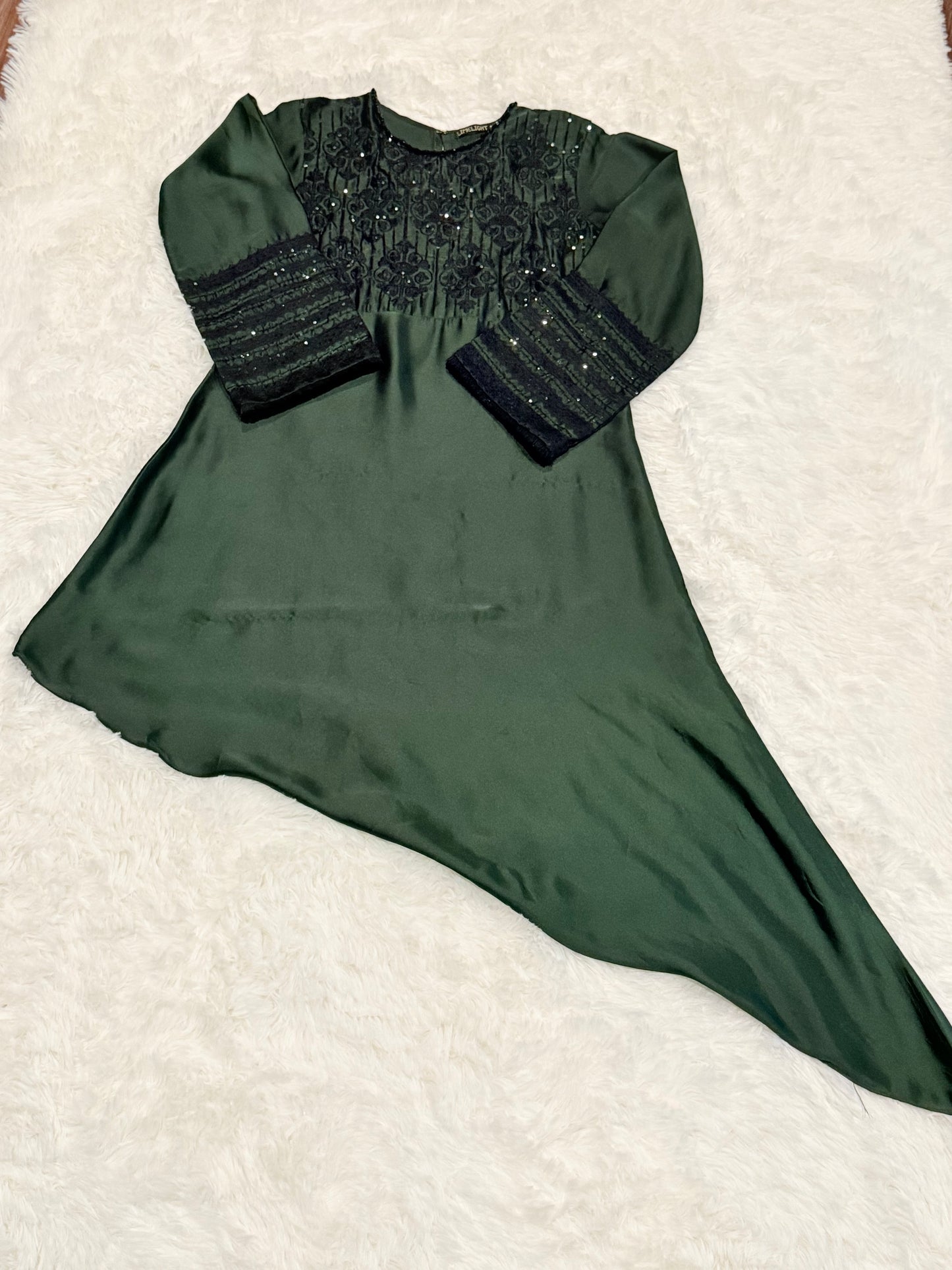 Limelight Bottle Green Silk Suit with Black Embroidery and Embellishments