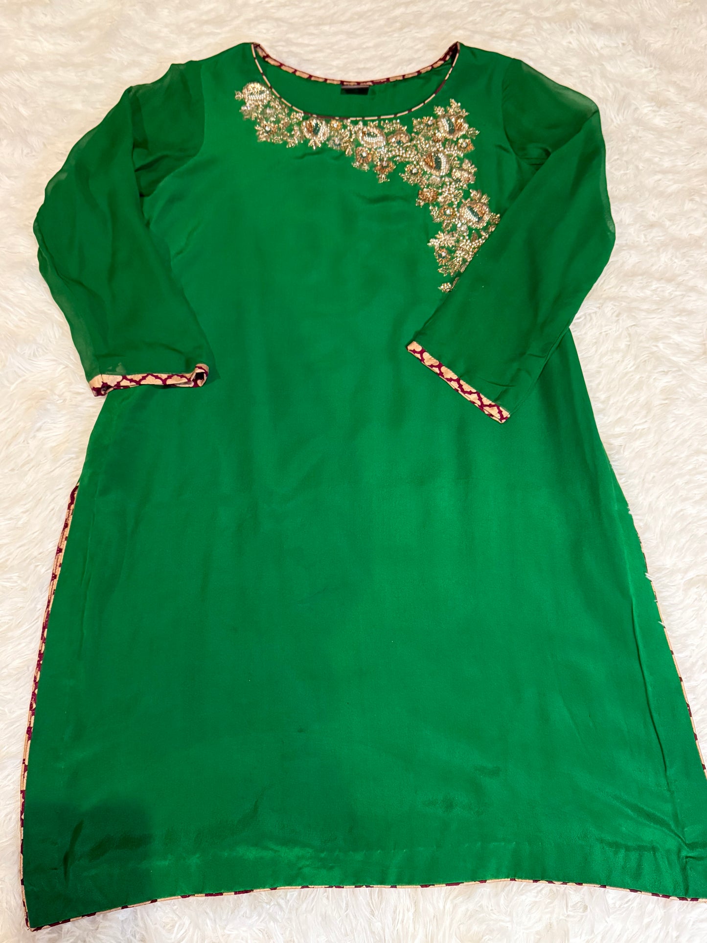 Karma Pink Green Fancy Kameez with Full Gotta/Tilla/Sequin/Pearl and Thread work on Neckline and side with attached sleeves