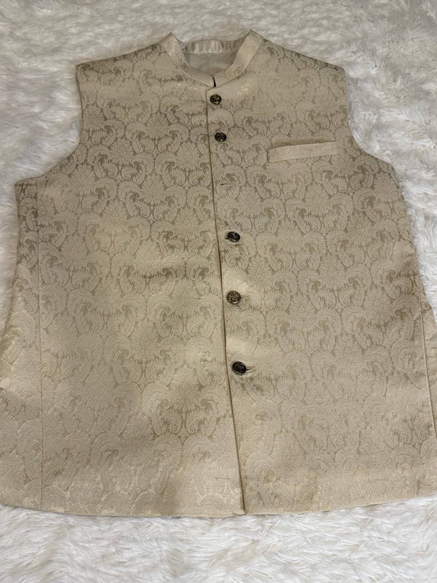 Amir Adnan Cream Self-Print Waistcoat with Gold Buttons