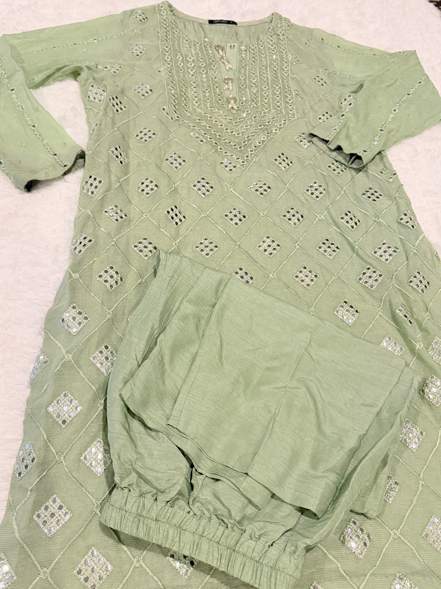 Cross Stitch Sea Green Shirt with Embroidery and Mirror Like work throughout with Pearl and Mirror-look buttons.