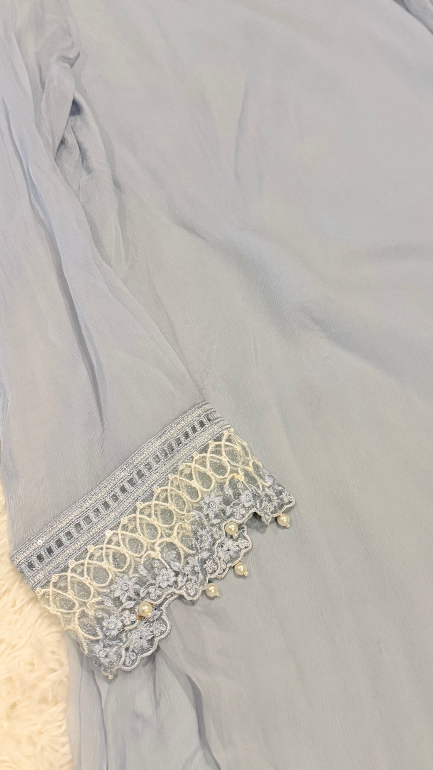 Maria B Gray Blue Chiffon Layered Style Shirt with Embellishments on Neckline and Lace and Pearl Trim on Sleeves.