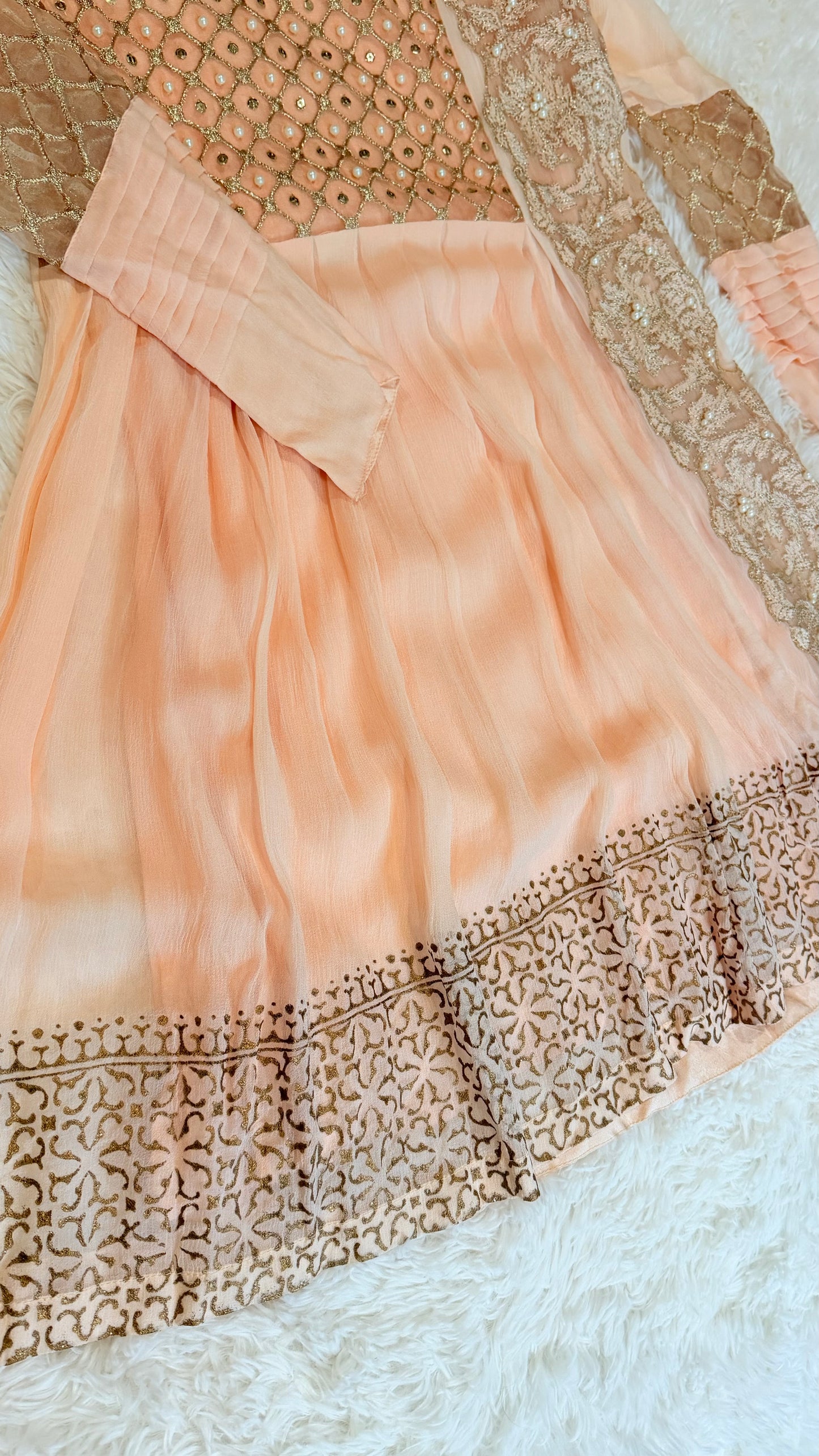Phatyma Khan Pink Chiffon Baby Doll Shirt with Golden Jamawar Pants