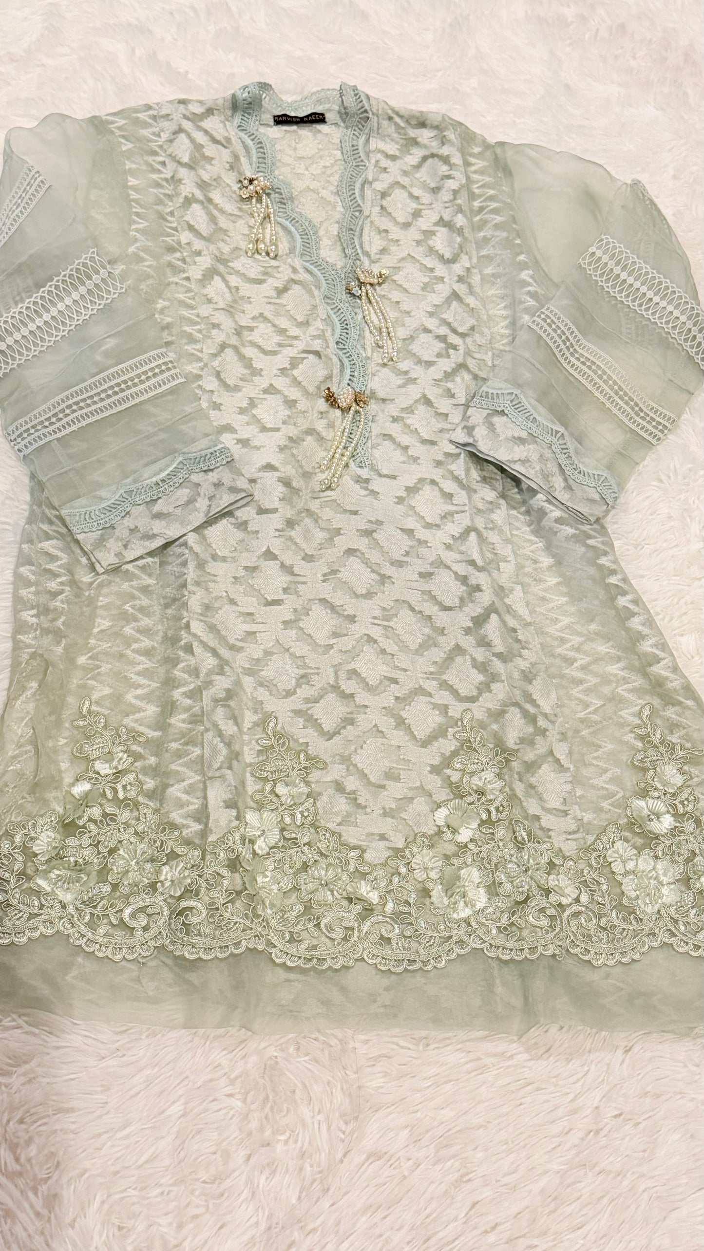 Mahvish Naeem Mint Green Organza Shirt with Embroidery and 3D flower embellishments with Pearl and Crystal accents.
