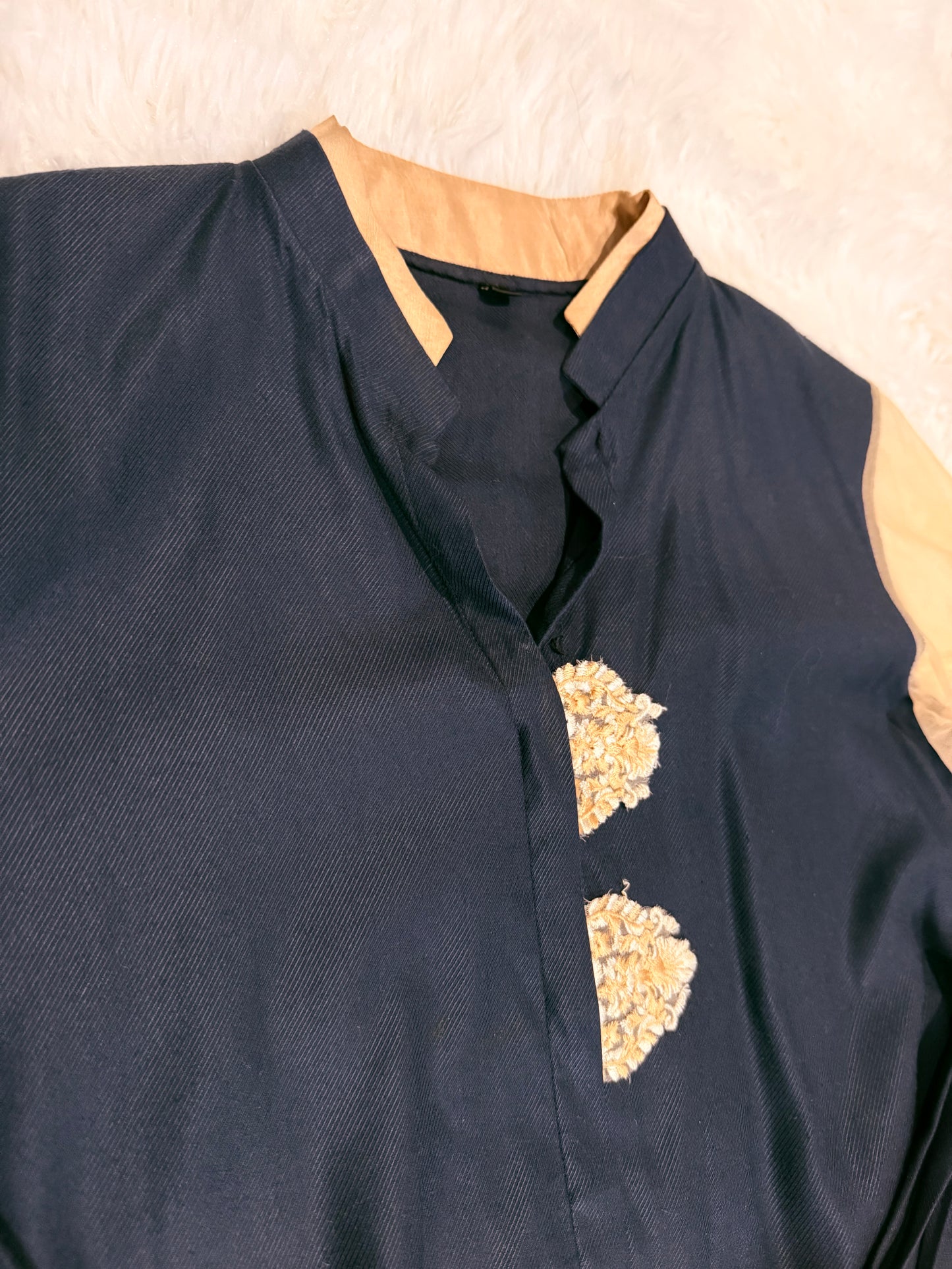 Asifa Nabeel Navy overlap style shirt with Golden Brown Embroidery and Half Lace Sleeves