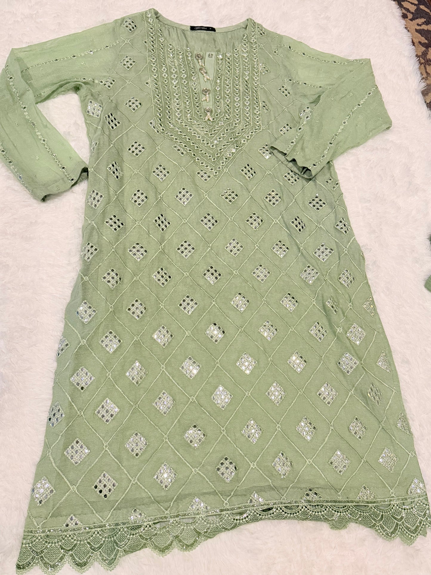 Cross Stitch Sea Green Shirt with Embroidery and Mirror Like work throughout with Pearl and Mirror-look buttons.