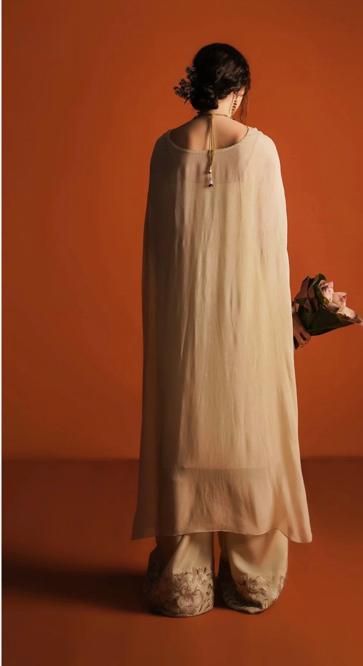 Zara Shajahan Poncho Style Long Shirt with Wide Leg Embroidered Silk Pants.