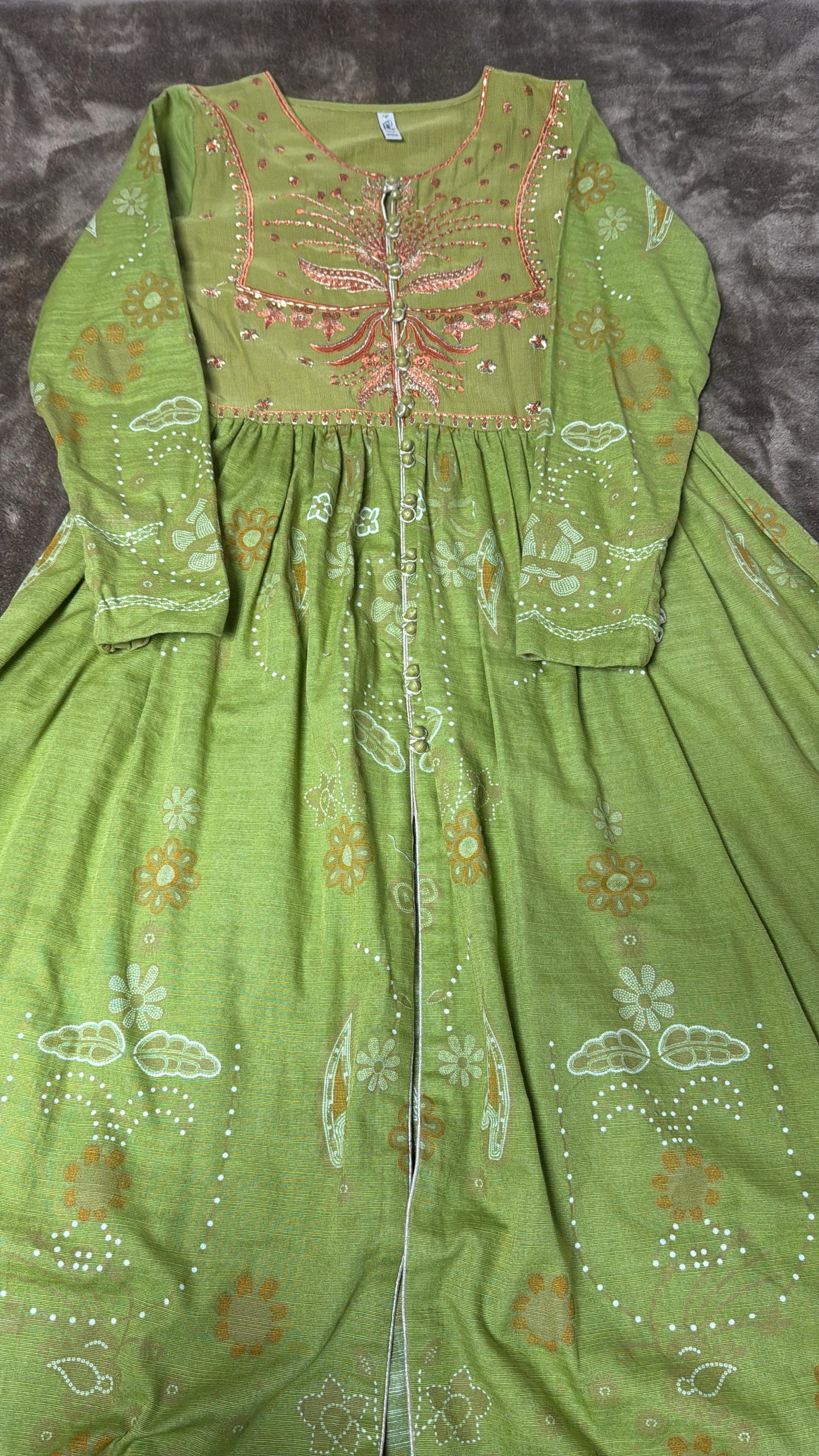 Ethnc Green and Gold A-line Cotton Silk Frock with Embroidery, Beads and Painted Design