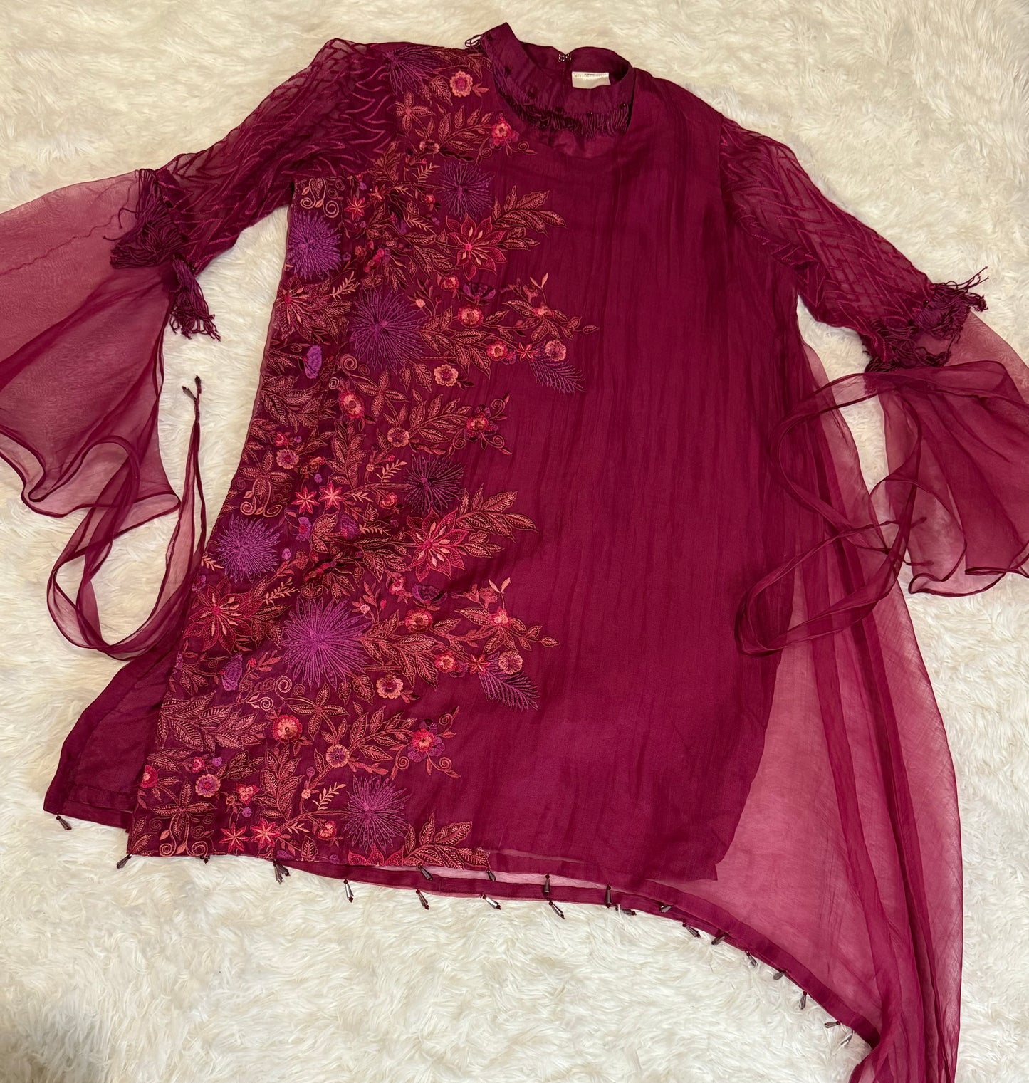 Jeem Deep Fuchsia/Maroon Organza Kameez with One Drop Corner