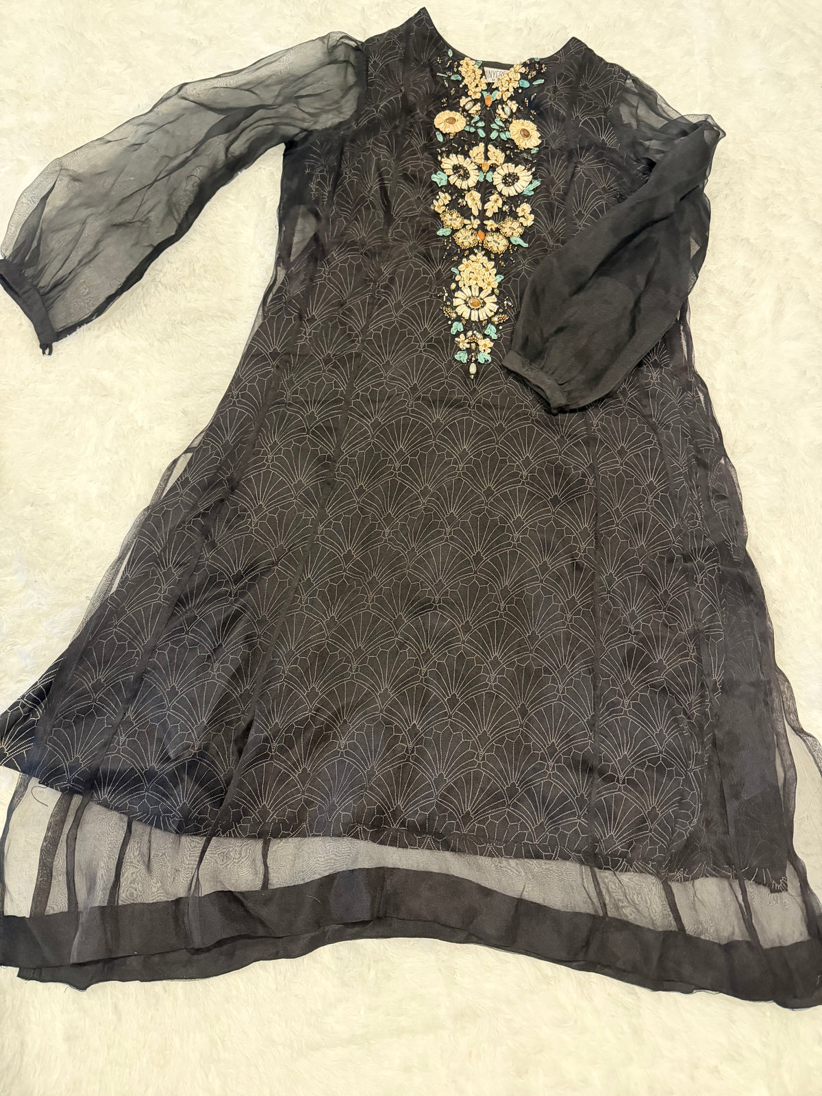 Chinyere Black A-Line Organza/Net Shirt with Heavy embroidery on neckline