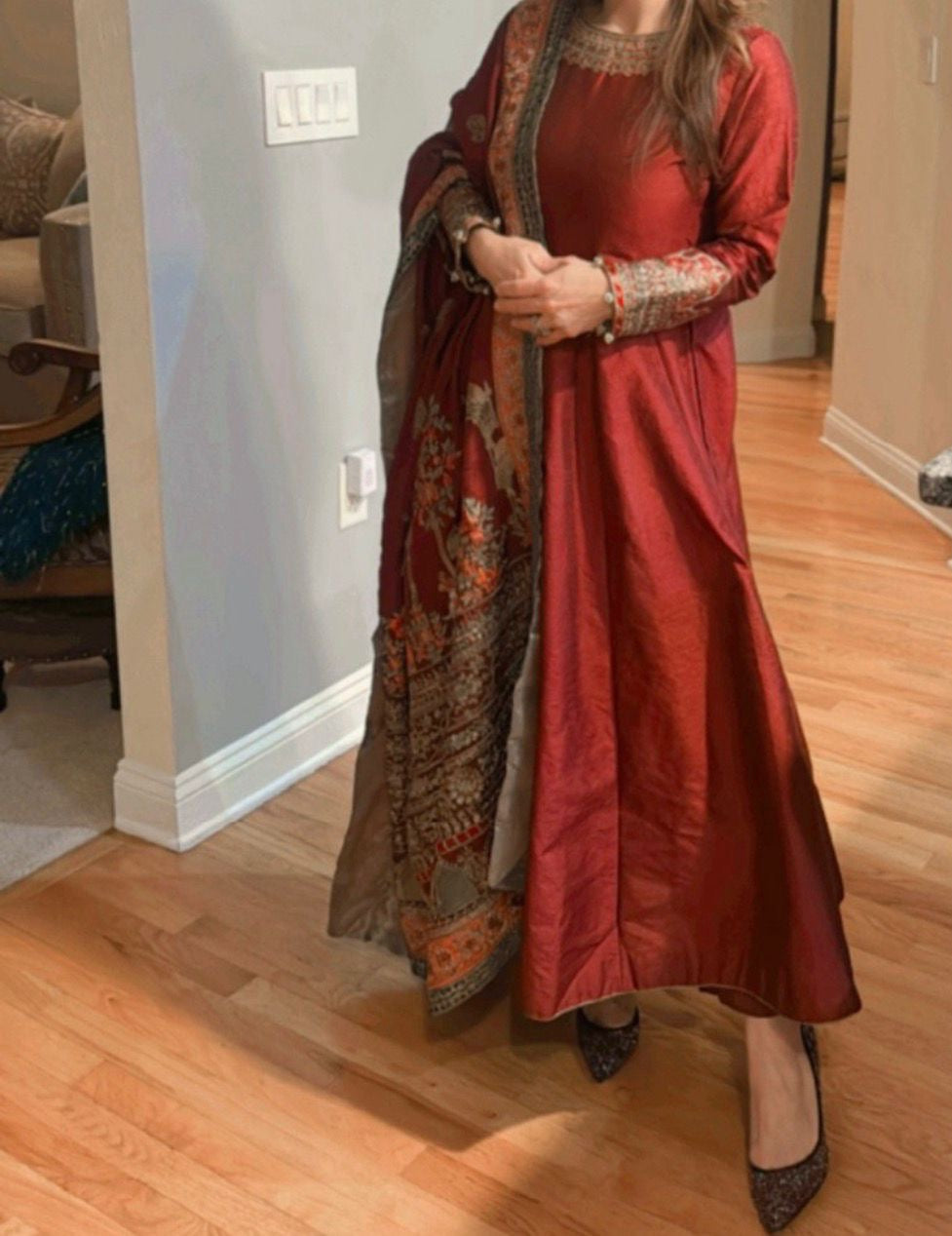 Maria B Burgundy/Maroon Silk Anarkali with Straight Pants and Heavily Embroidered Duputta