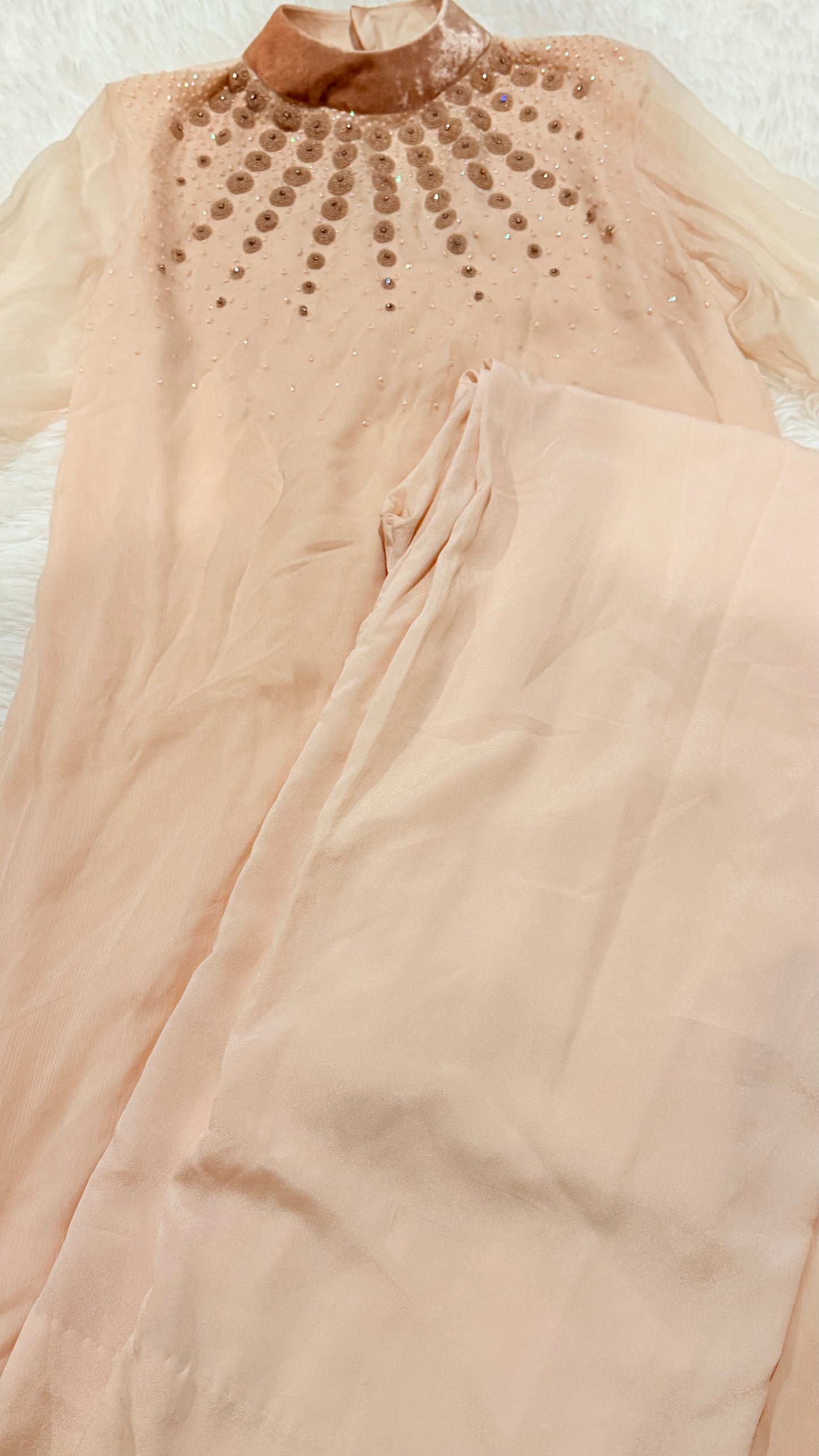 Leisure Club Soft Pink A-line Chiffon Shirt with Heavy Bead and Crystal work on Neckline.