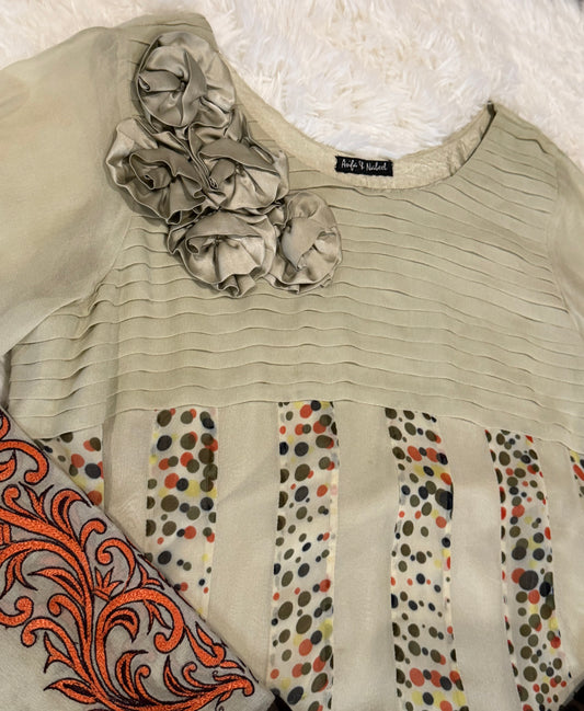Asifa & Nabeel Cream Chiffon Anarkali Style Suit with Polka Dots