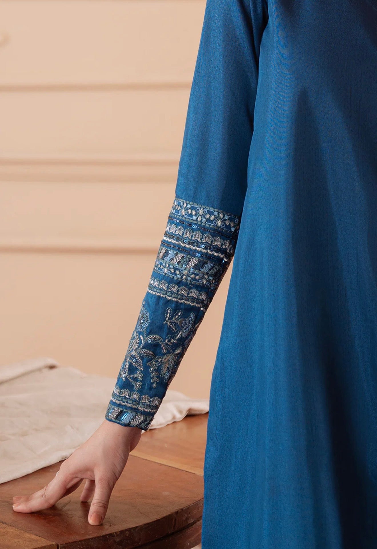 Vanya Blue Long Silk Shirt with Trousers and Embroidery on Sleeves